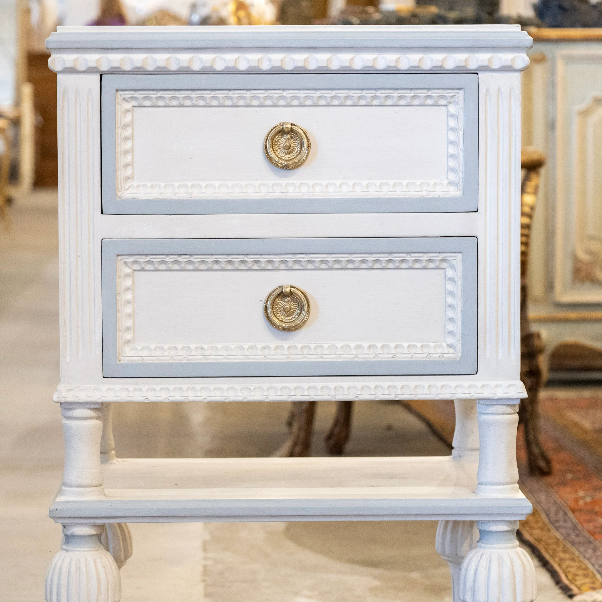 Petite Swedish Nightstand with Shelf – White with Blue Beaded Trim - Image 4