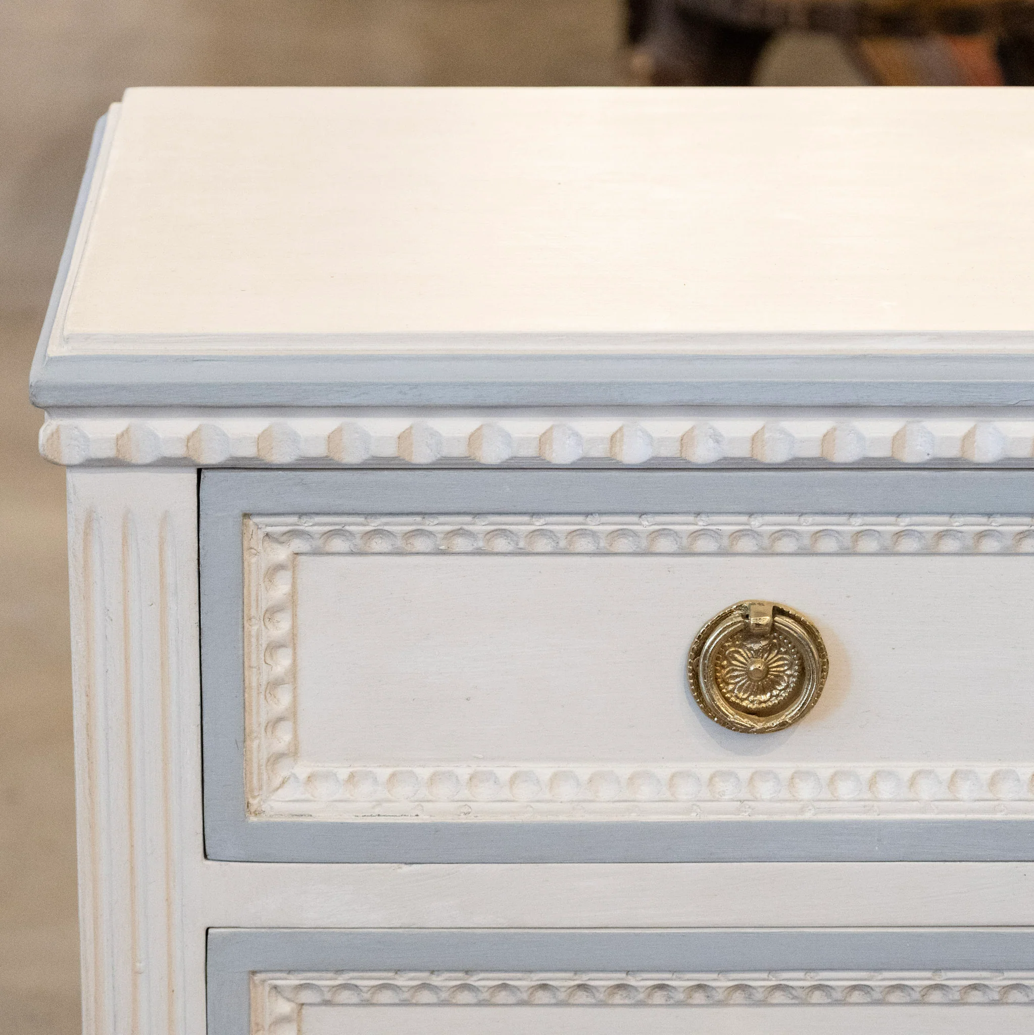 Petite Swedish Nightstand with Shelf – White with Blue Beaded Trim - Image 5