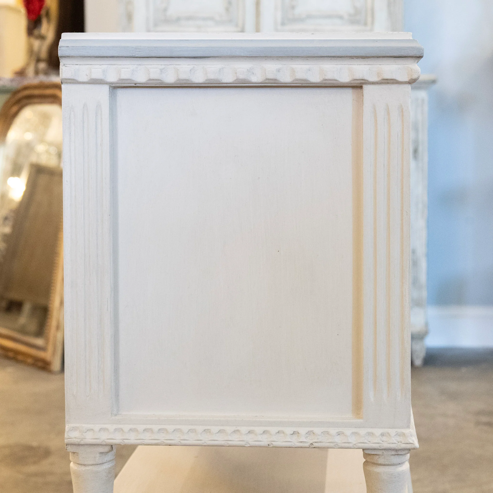 Petite Swedish Nightstand with Shelf – White with Blue Beaded Trim - Image 7