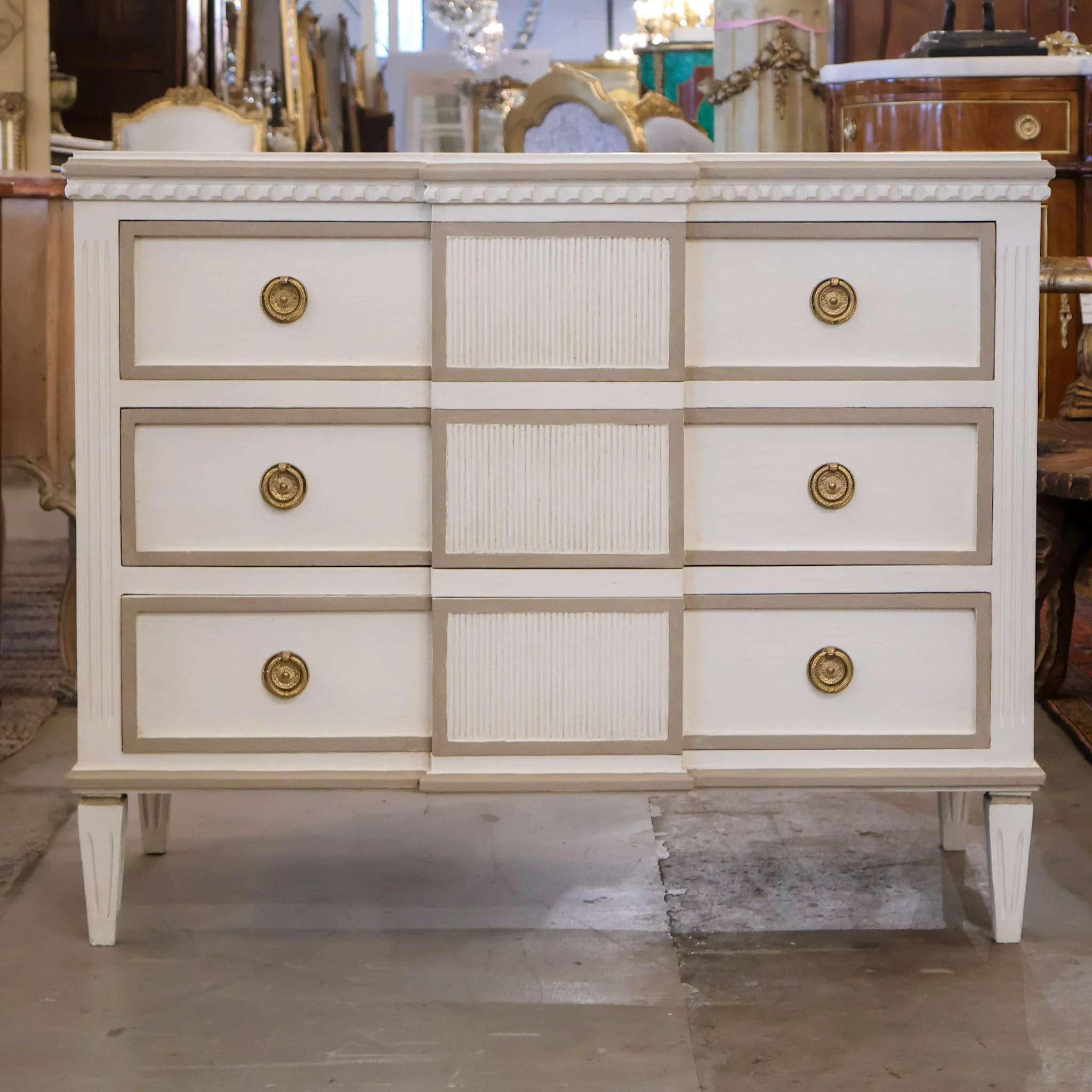 Swedish Chest with Reeded Block Front in White & Brown