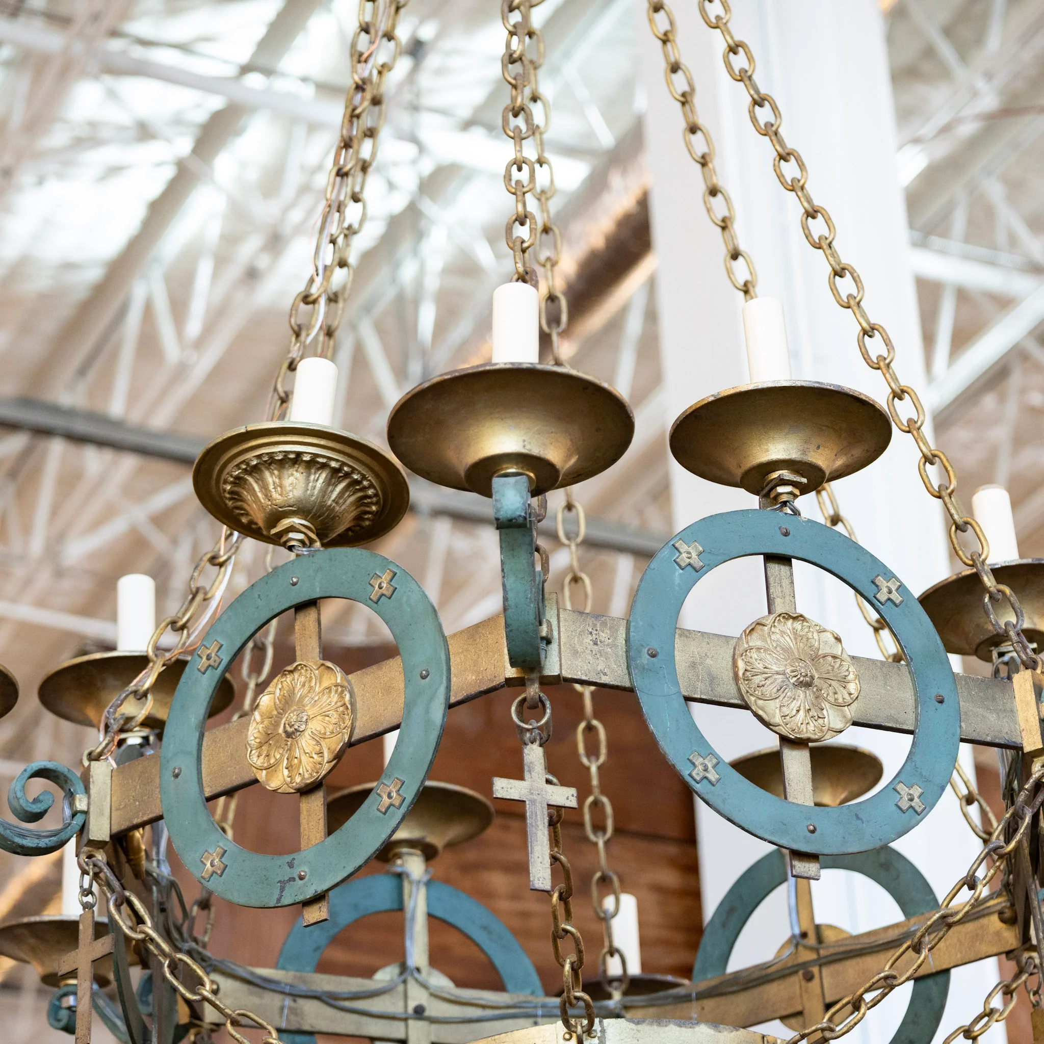 French Iron & Brass Chandelier – Candle Scroll Arms & Hanging Crosses - Image 3