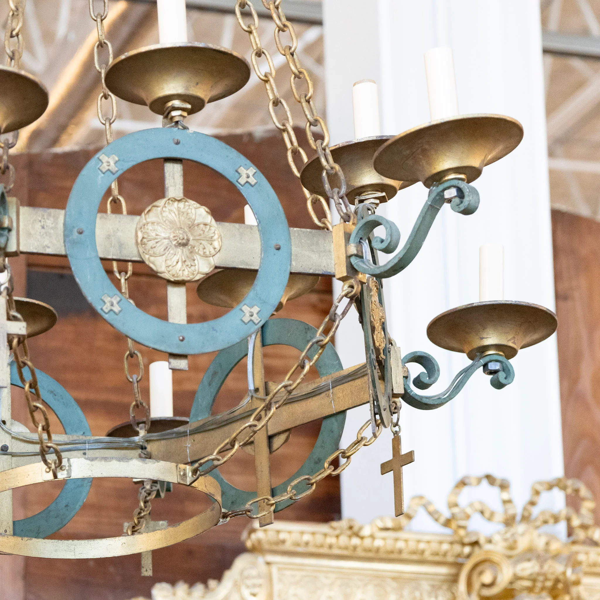 French Iron & Brass Chandelier – Candle Scroll Arms & Hanging Crosses - Image 4
