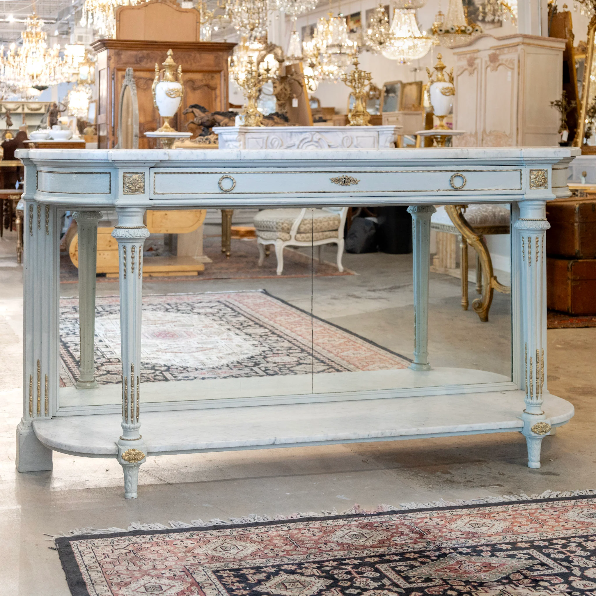 Scandinavian Soft Blue Demilune Console Table – Double Marble with Mirrored Back - Image 3
