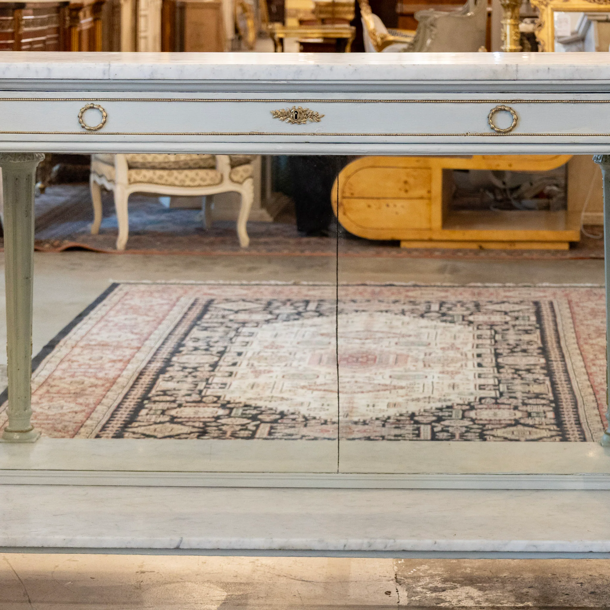 Scandinavian Soft Blue Demilune Console Table – Double Marble with Mirrored Back - Image 4