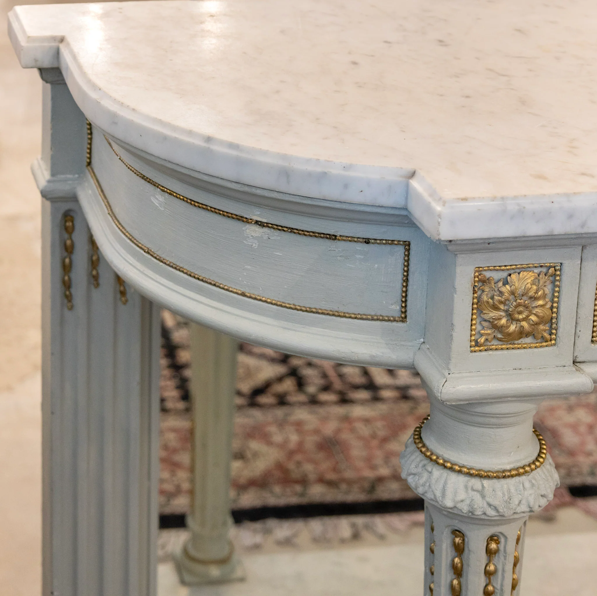Scandinavian Soft Blue Demilune Console Table – Double Marble with Mirrored Back - Image 5