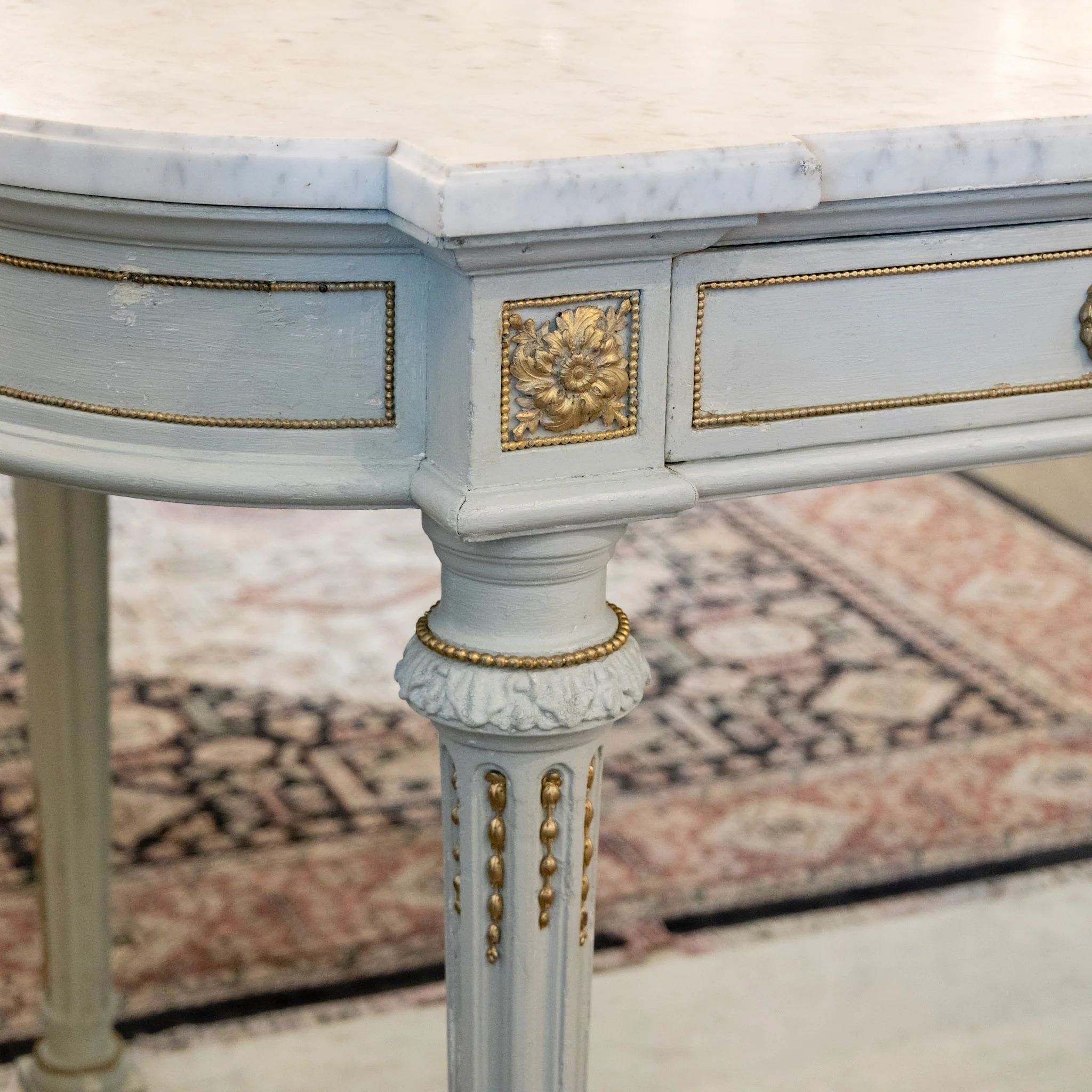 Scandinavian Soft Blue Demilune Console Table – Double Marble with Mirrored Back - Image 6