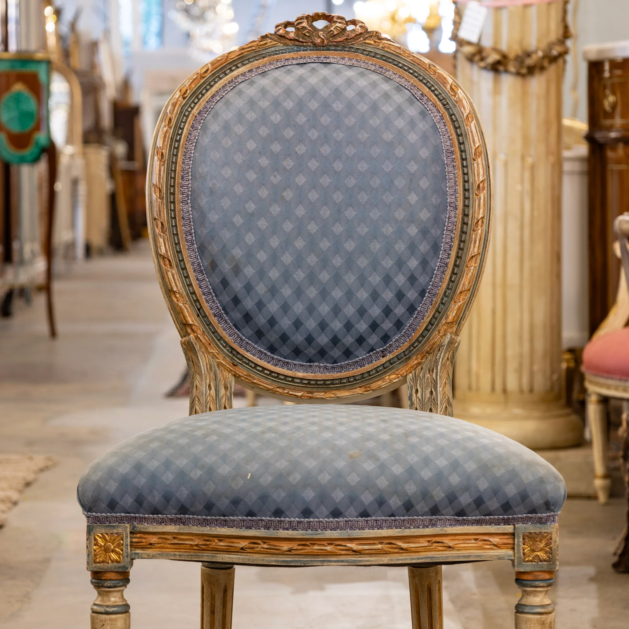 Set of 2 Louis XVI Round Dining Chairs – Original Blue Fabric and Paint - Image 3