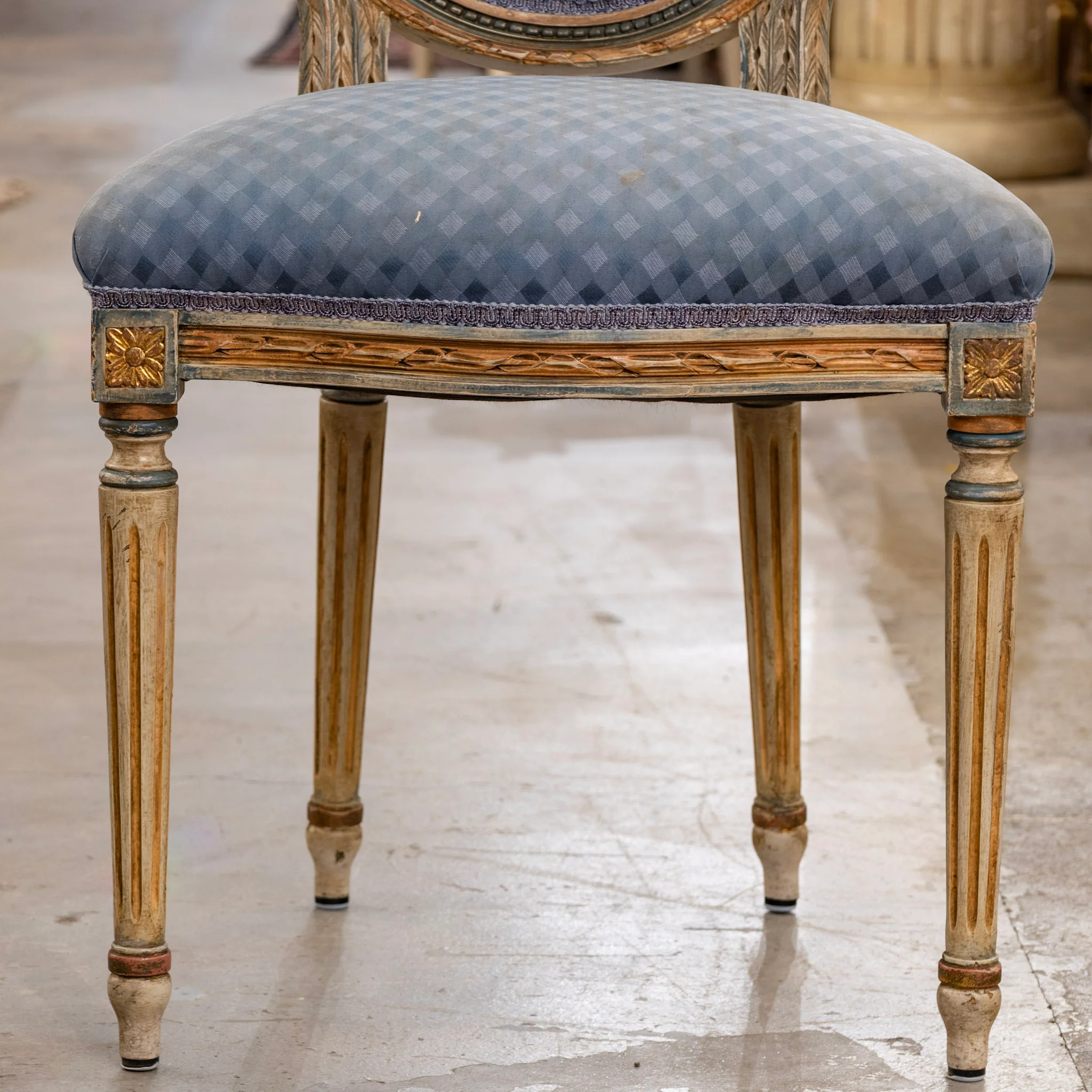 Set of 2 Louis XVI Round Dining Chairs – Original Blue Fabric and Paint - Image 4