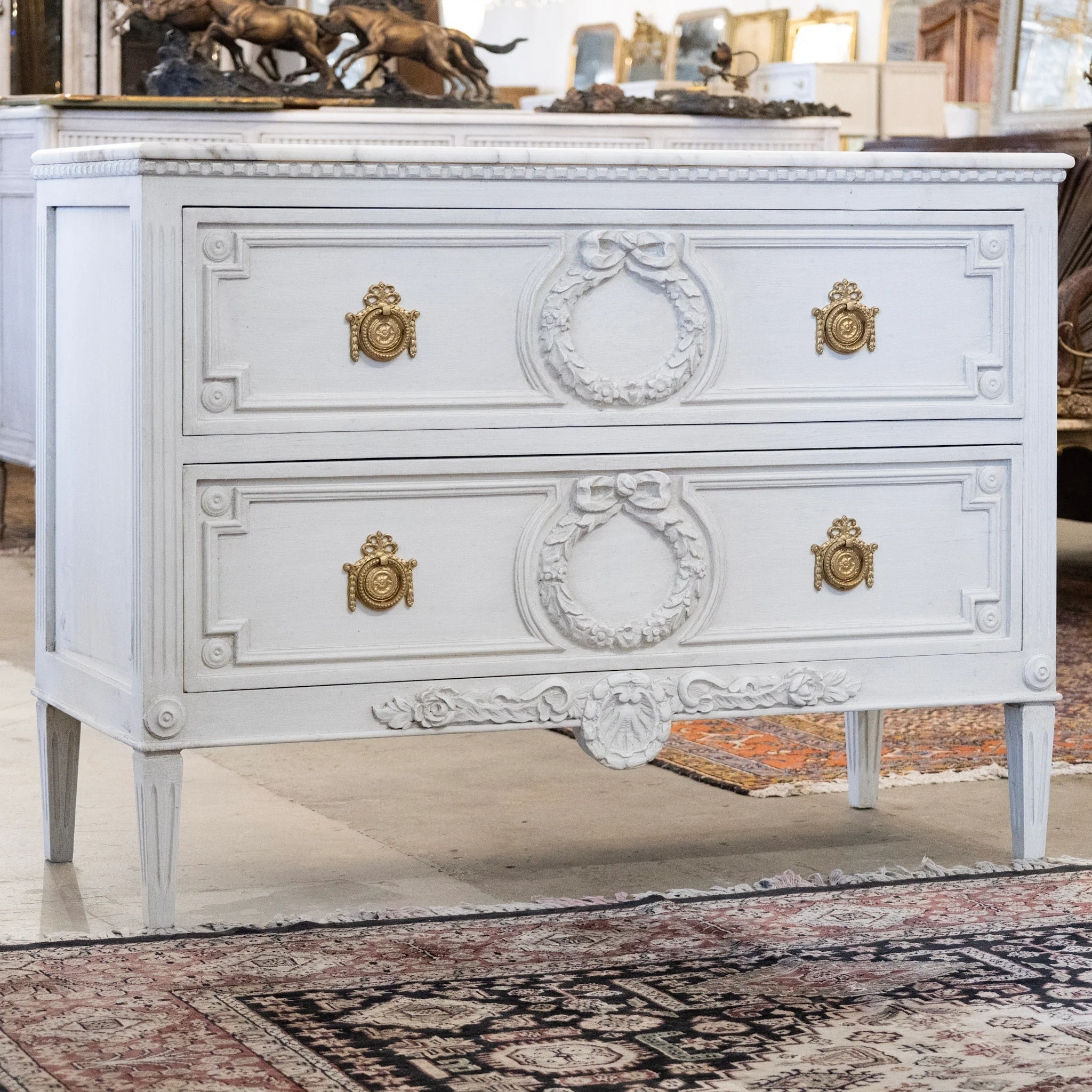 Swedish 2-Drawer Chest – Carved Wreath & Shell Trim in Dove White with White Marble Top - Image 2