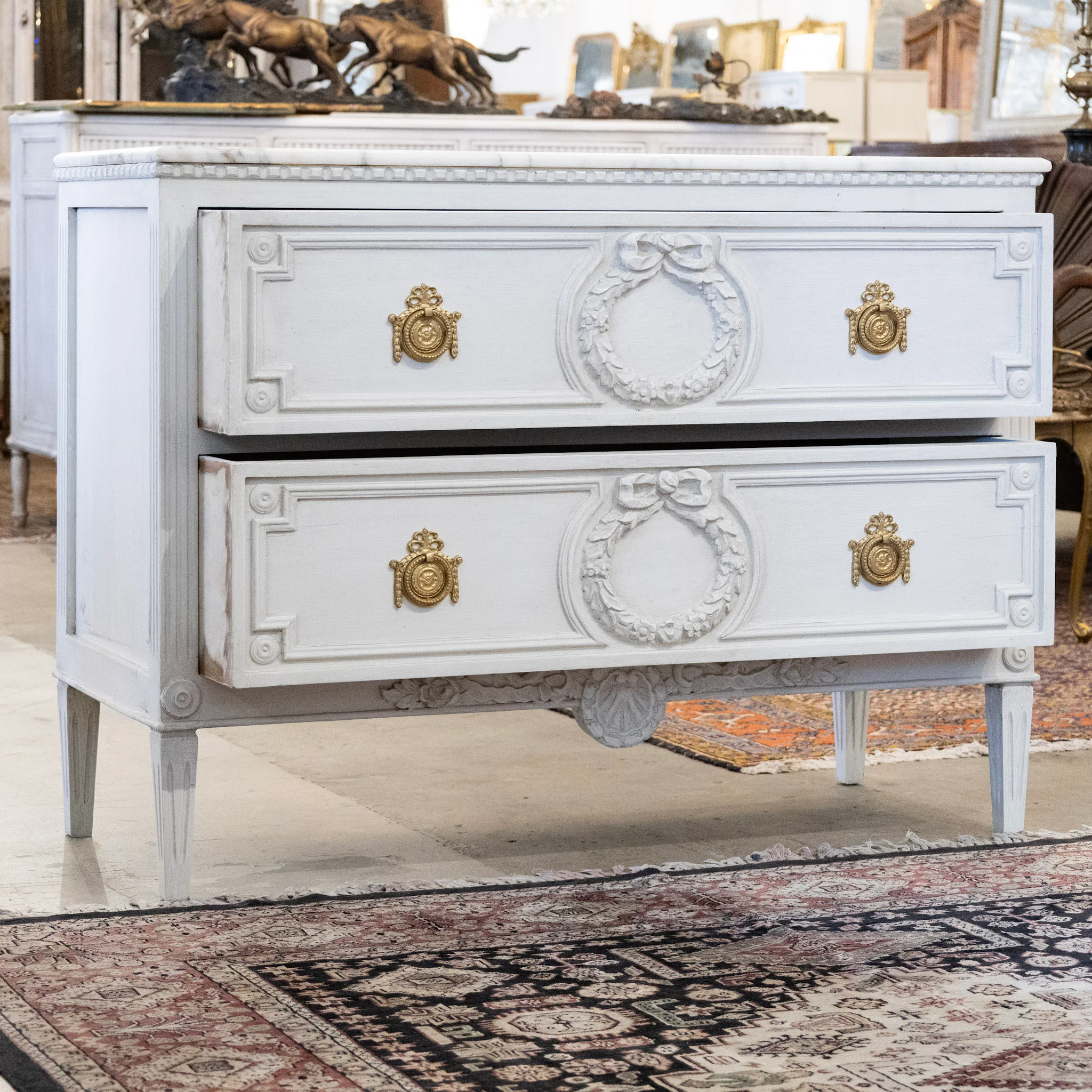 Swedish 2-Drawer Chest – Carved Wreath & Shell Trim in Dove White with White Marble Top - Image 3