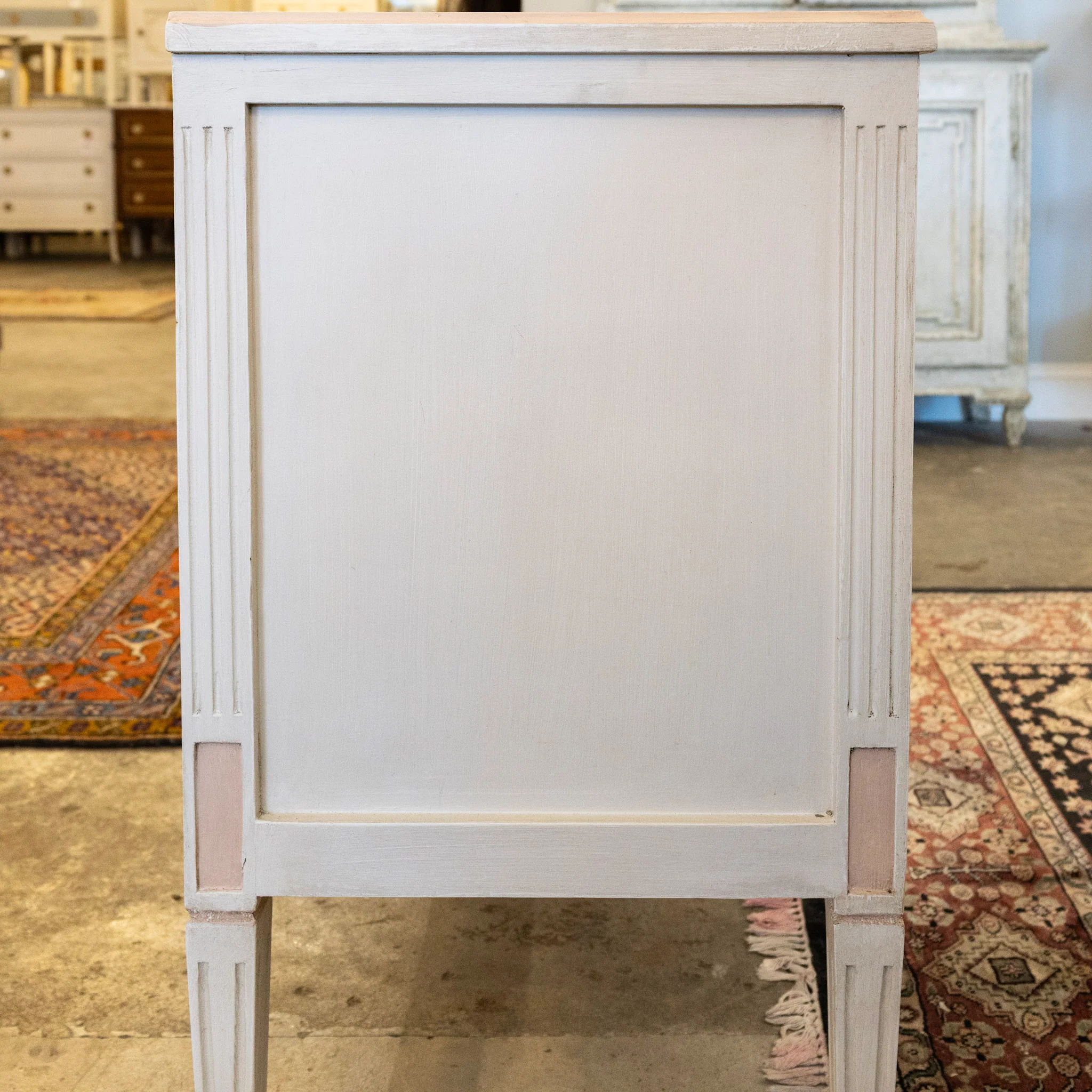 Swedish 2-Drawer Chest in Antique White – Pink Carved Floral Motifs - Image 10
