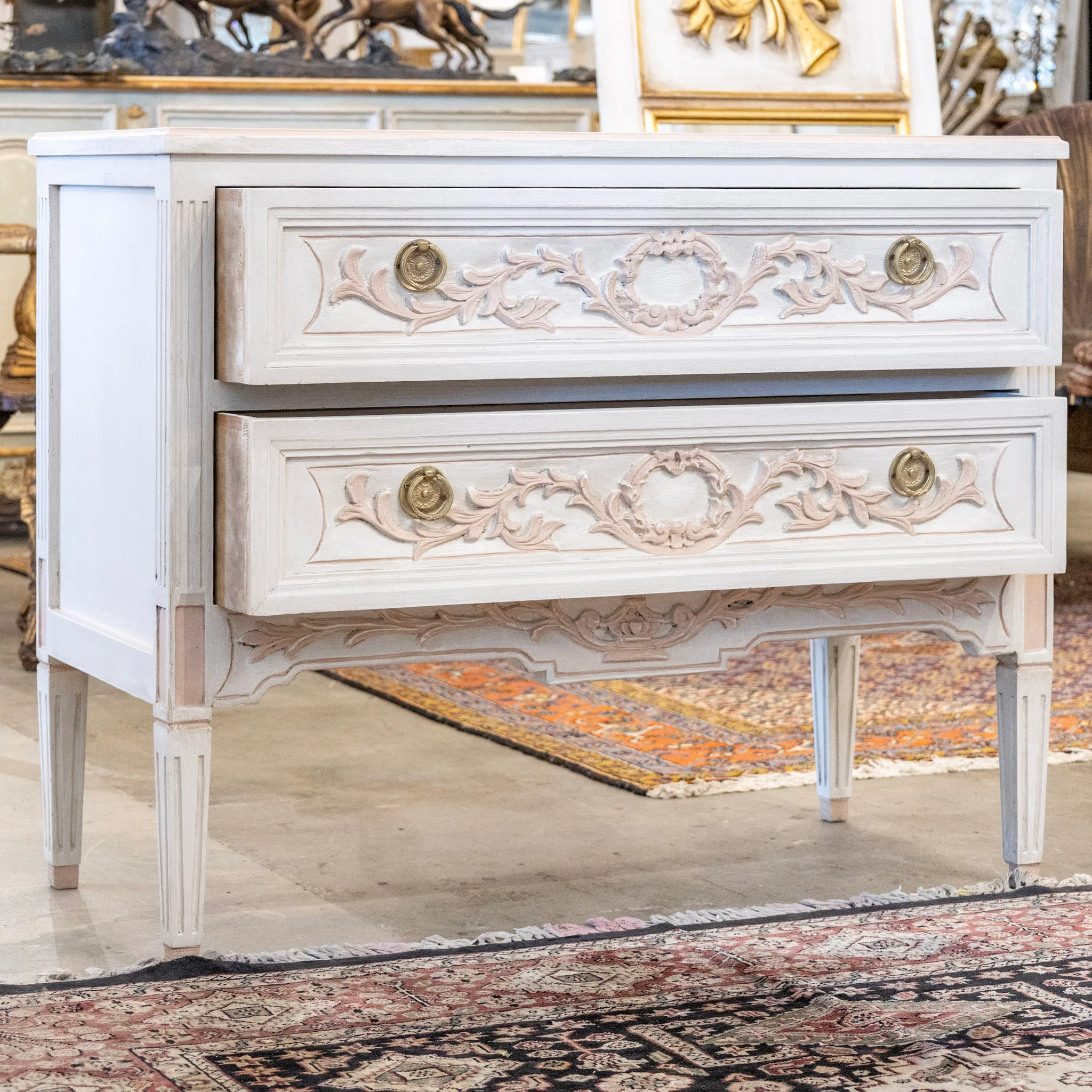 Swedish 2-Drawer Chest in Antique White – Pink Carved Floral Motifs - Image 2