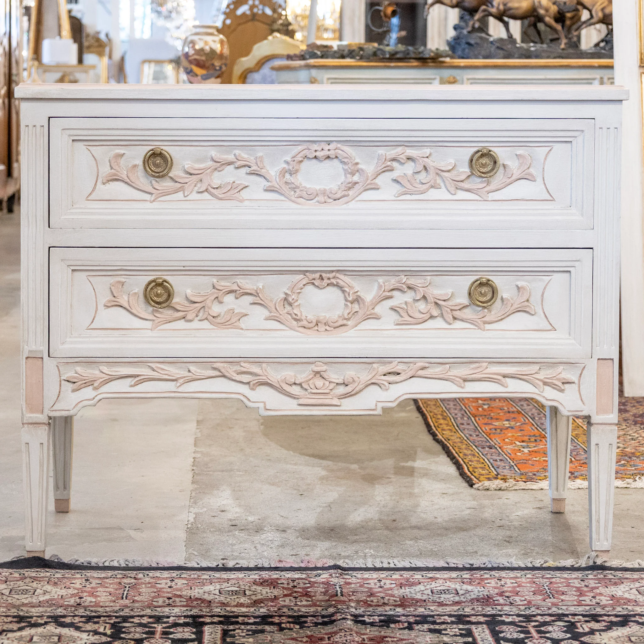 Swedish 2-Drawer Chest in Antique White – Pink Carved Floral Motifs - Image 3