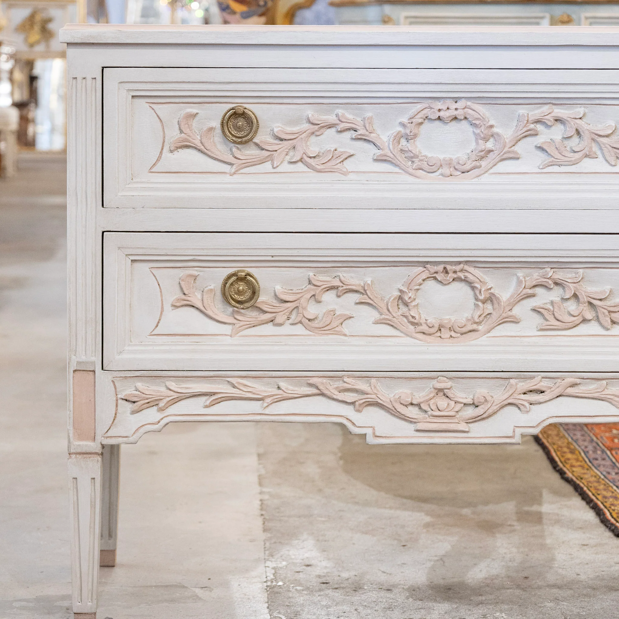 Swedish 2-Drawer Chest in Antique White – Pink Carved Floral Motifs - Image 4
