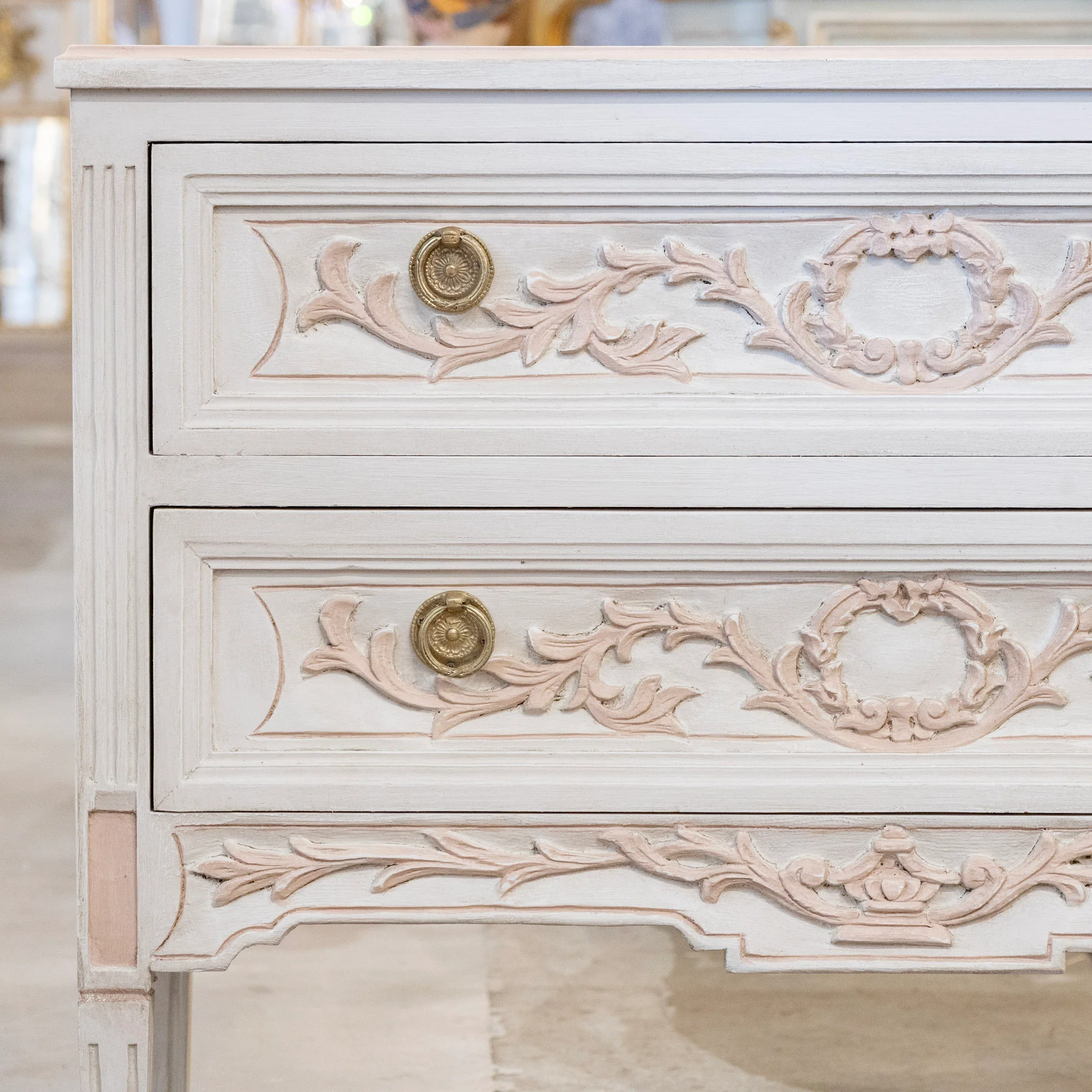 Swedish 2-Drawer Chest in Antique White – Pink Carved Floral Motifs - Image 5