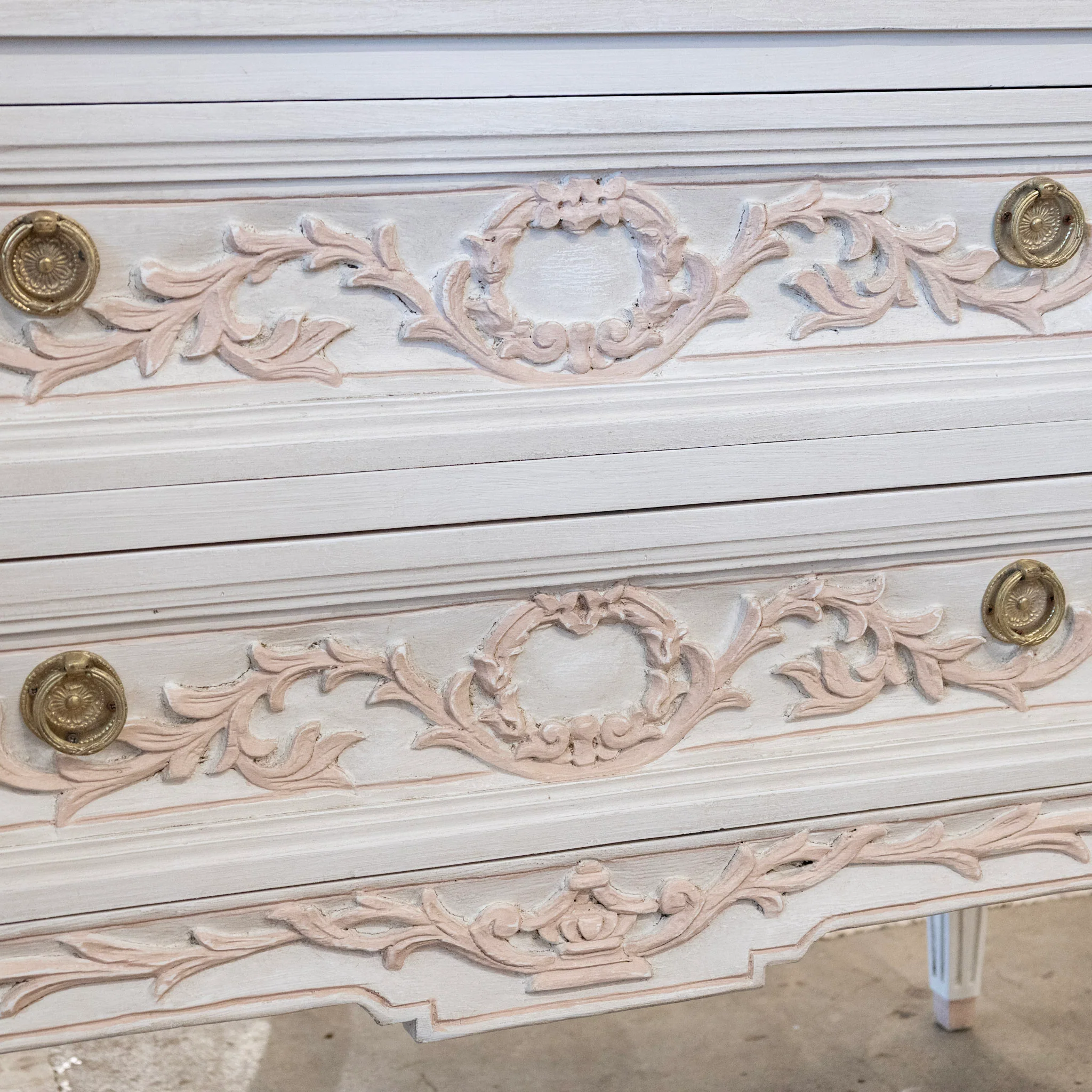 Swedish 2-Drawer Chest in Antique White – Pink Carved Floral Motifs - Image 6