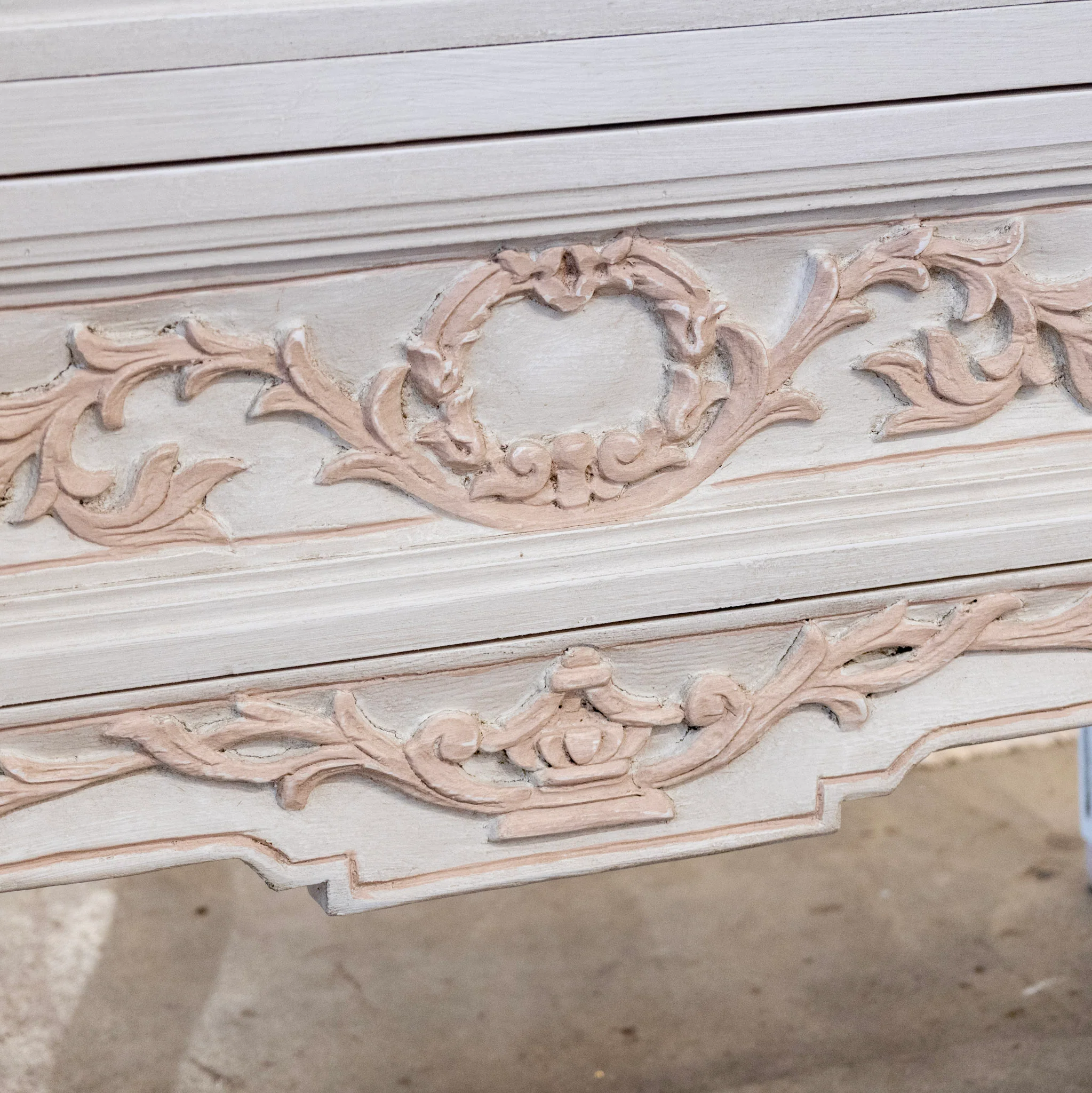 Swedish 2-Drawer Chest in Antique White – Pink Carved Floral Motifs - Image 7