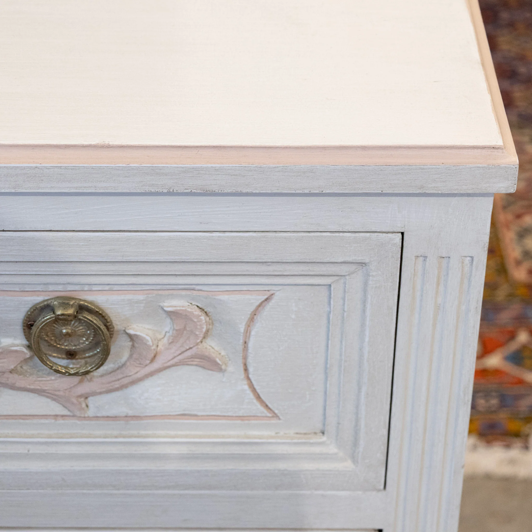 Swedish 2-Drawer Chest in Antique White – Pink Carved Floral Motifs - Image 8