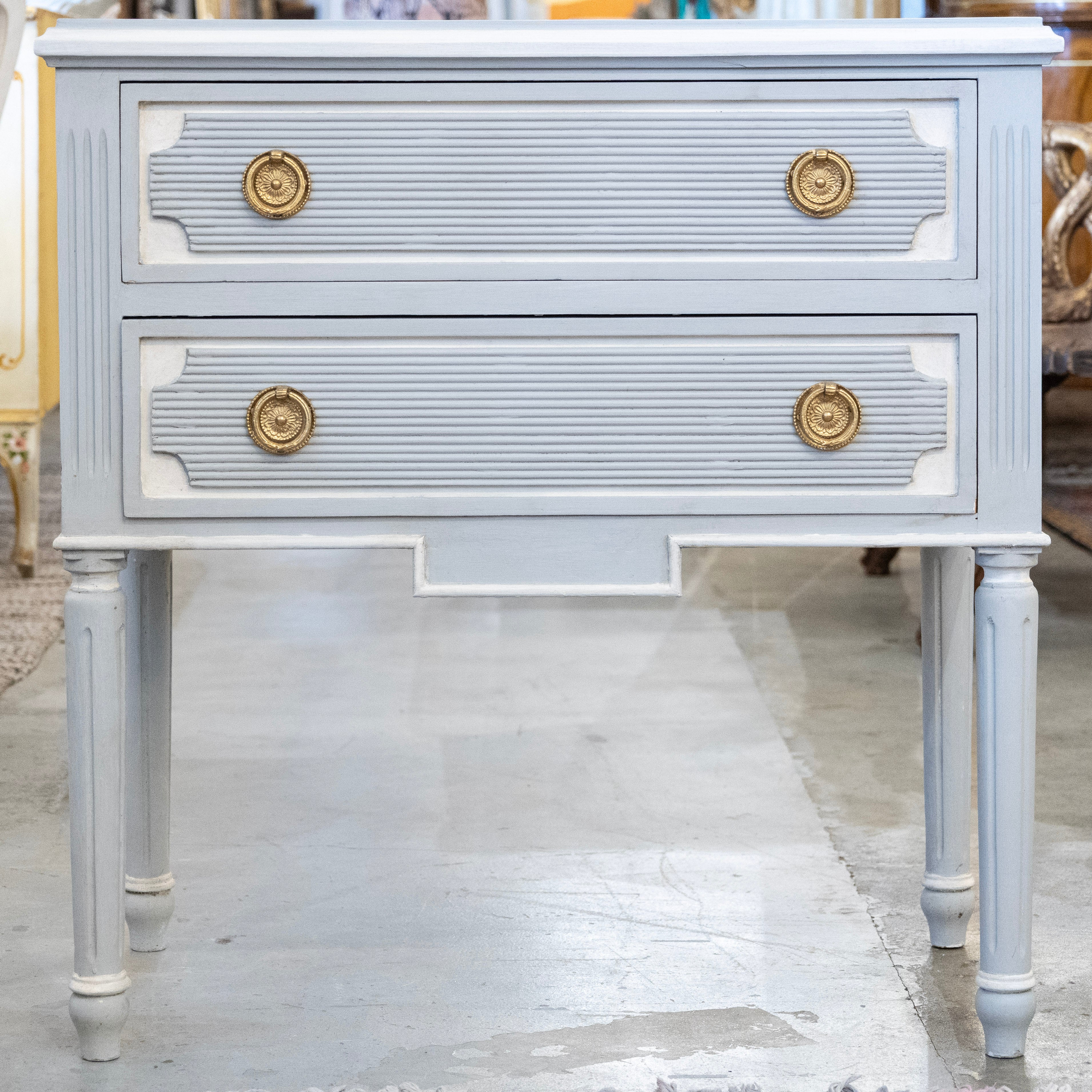 Swedish 2-Drawer Chest – Reeded Drawer & Tall Rounded Fluted Legs in Soft Blue