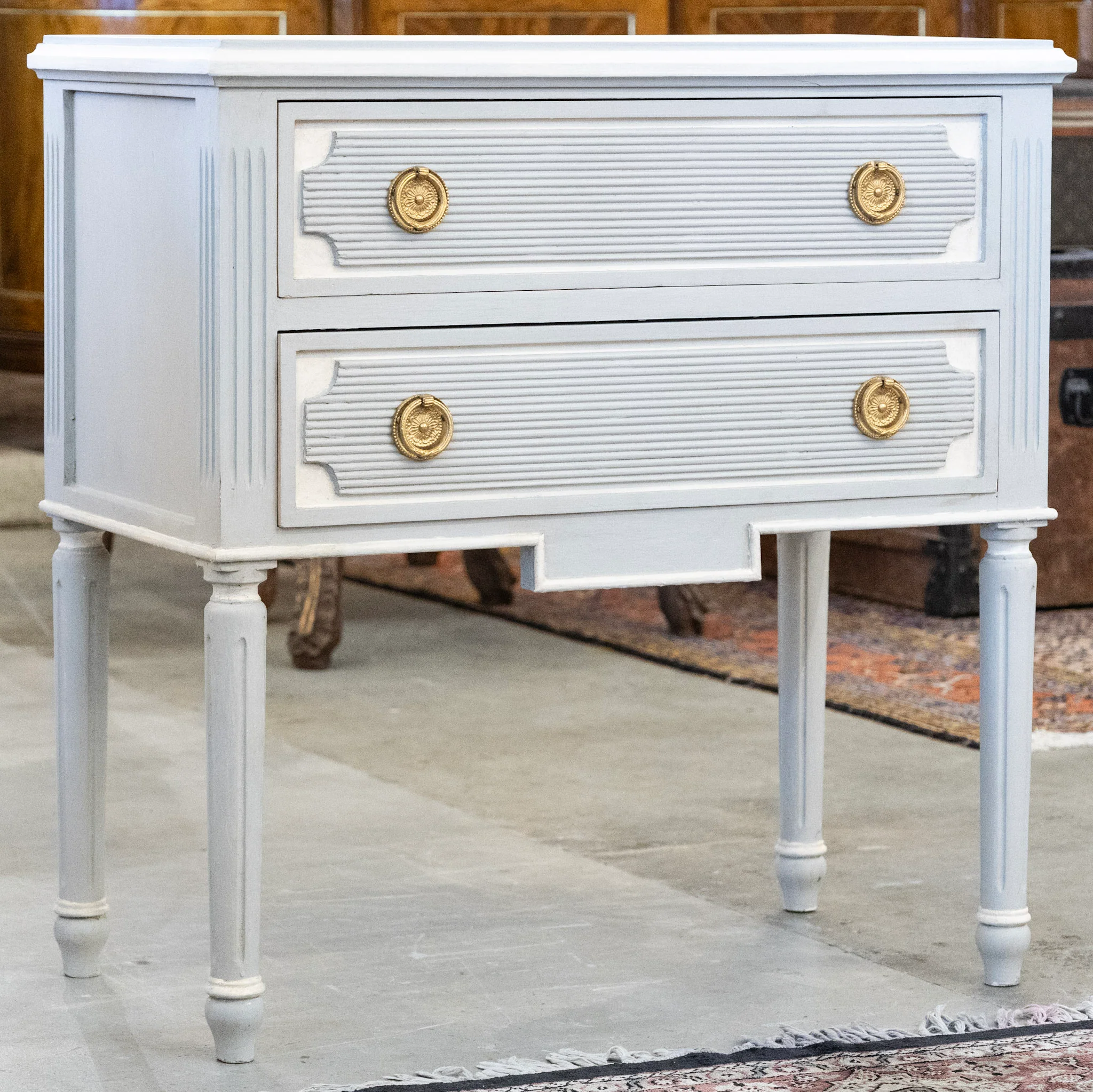 Swedish 2-Drawer Chest – Reeded Drawer & Tall Rounded Fluted Legs in Soft Blue - Image 2