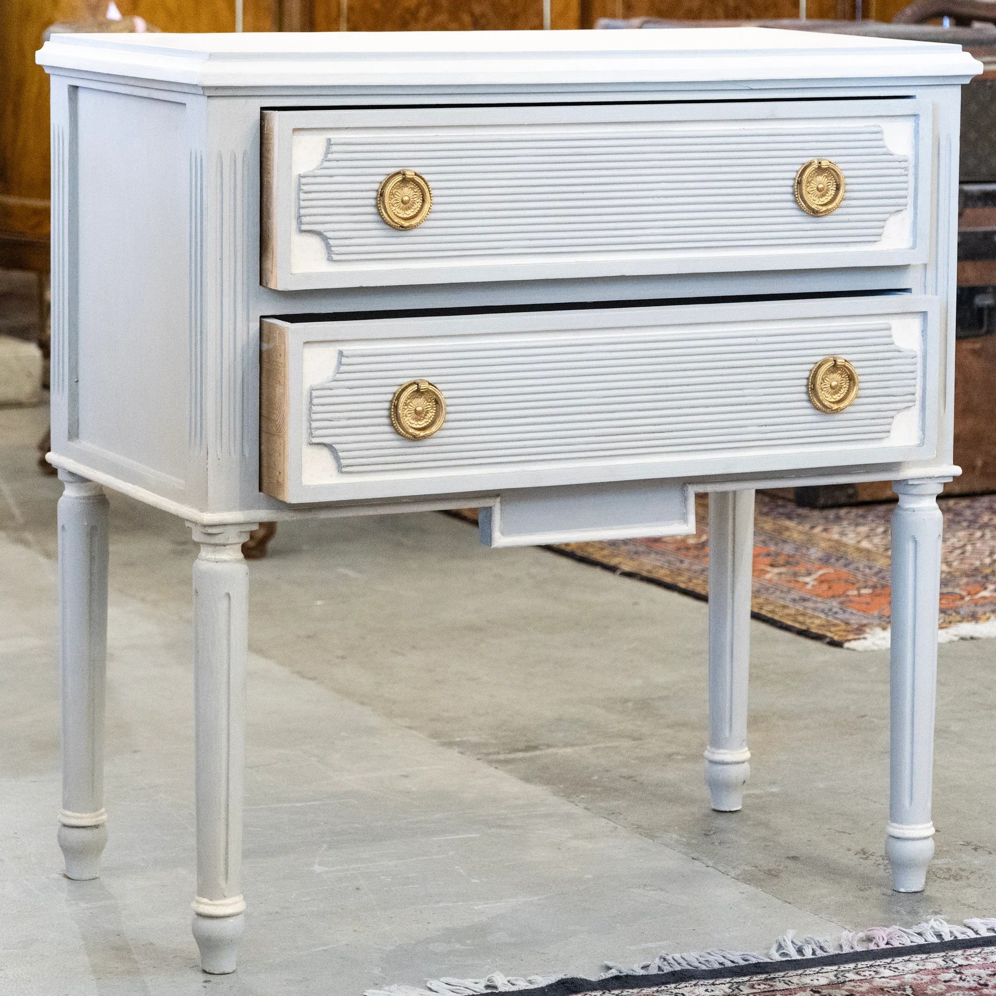 Swedish 2-Drawer Chest – Reeded Drawer & Tall Rounded Fluted Legs in Soft Blue - Image 3