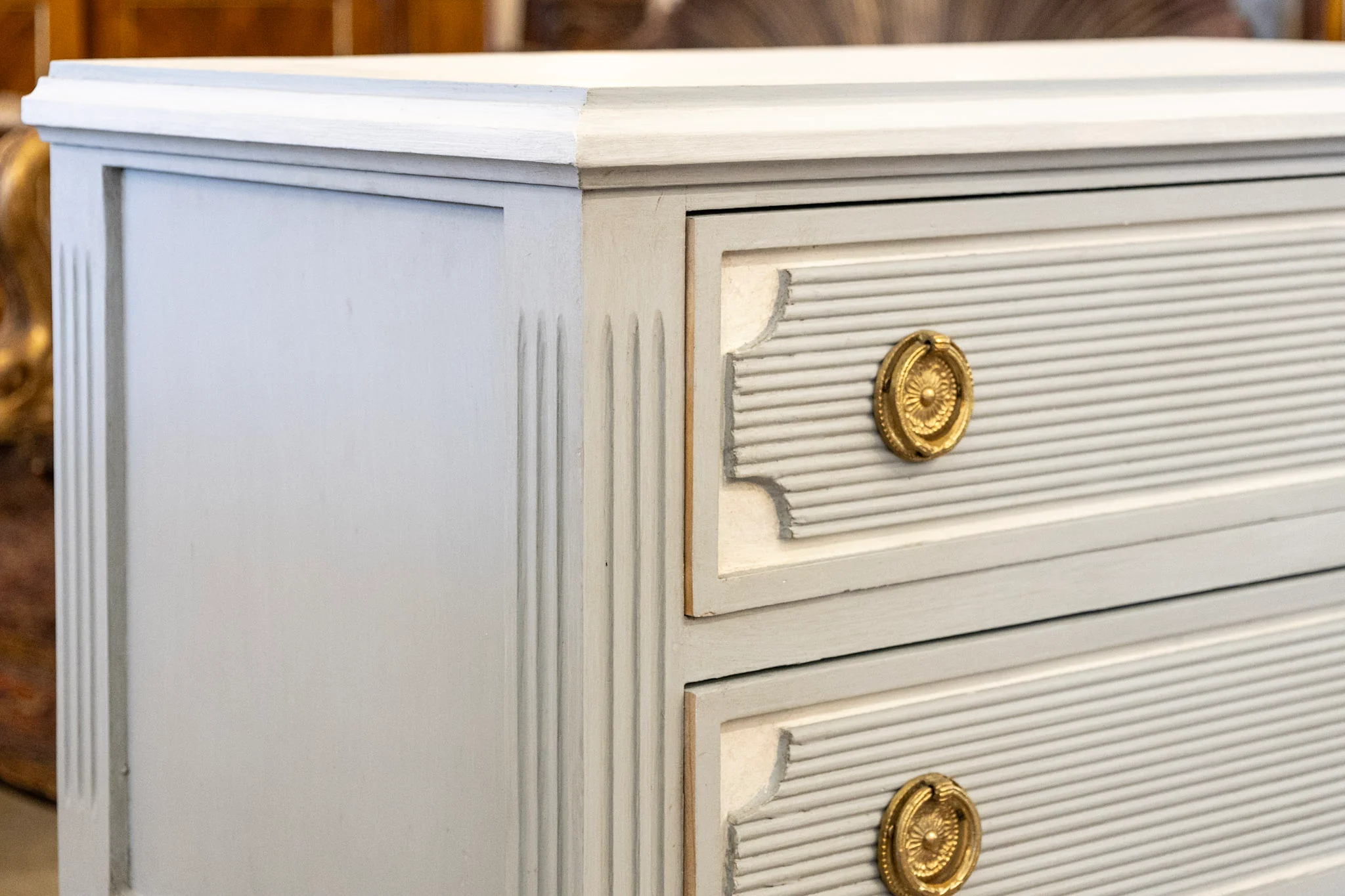 Swedish 2-Drawer Chest – Reeded Drawer & Tall Rounded Fluted Legs in Soft Blue - Image 5