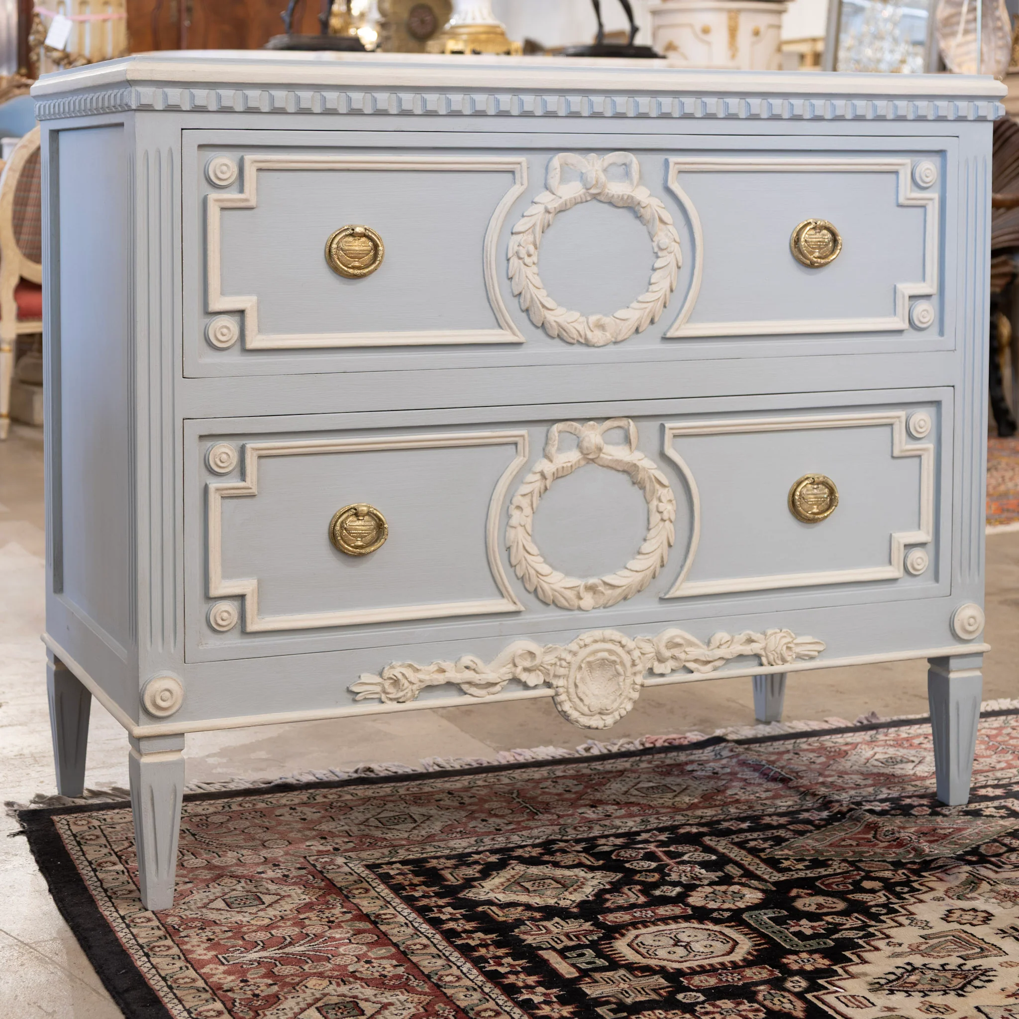 Swedish 2-Drawer Chest – White Trim with Wreath & Shell Carvings in Blue - Image 2