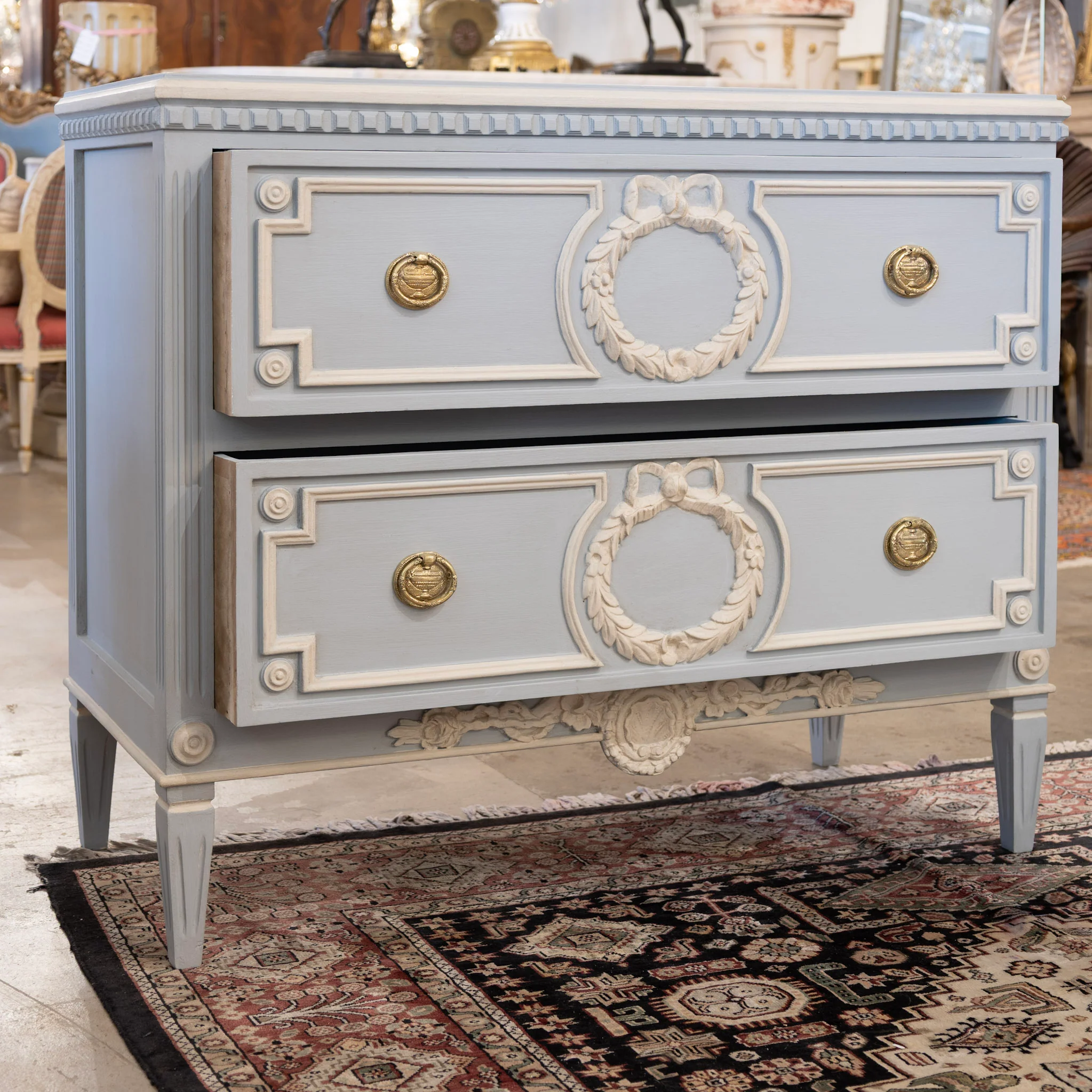 Swedish 2-Drawer Chest – White Trim with Wreath & Shell Carvings in Blue - Image 3