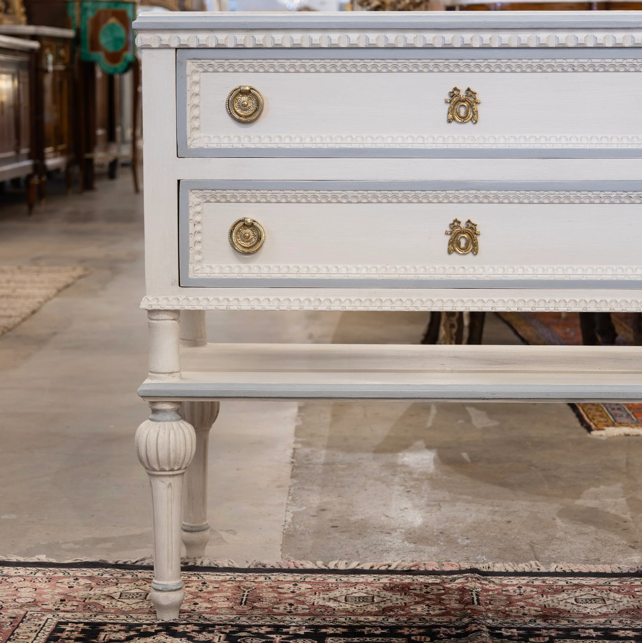 Swedish 2-Drawer Chest with Shelf– White with Blue Trim - Image 2