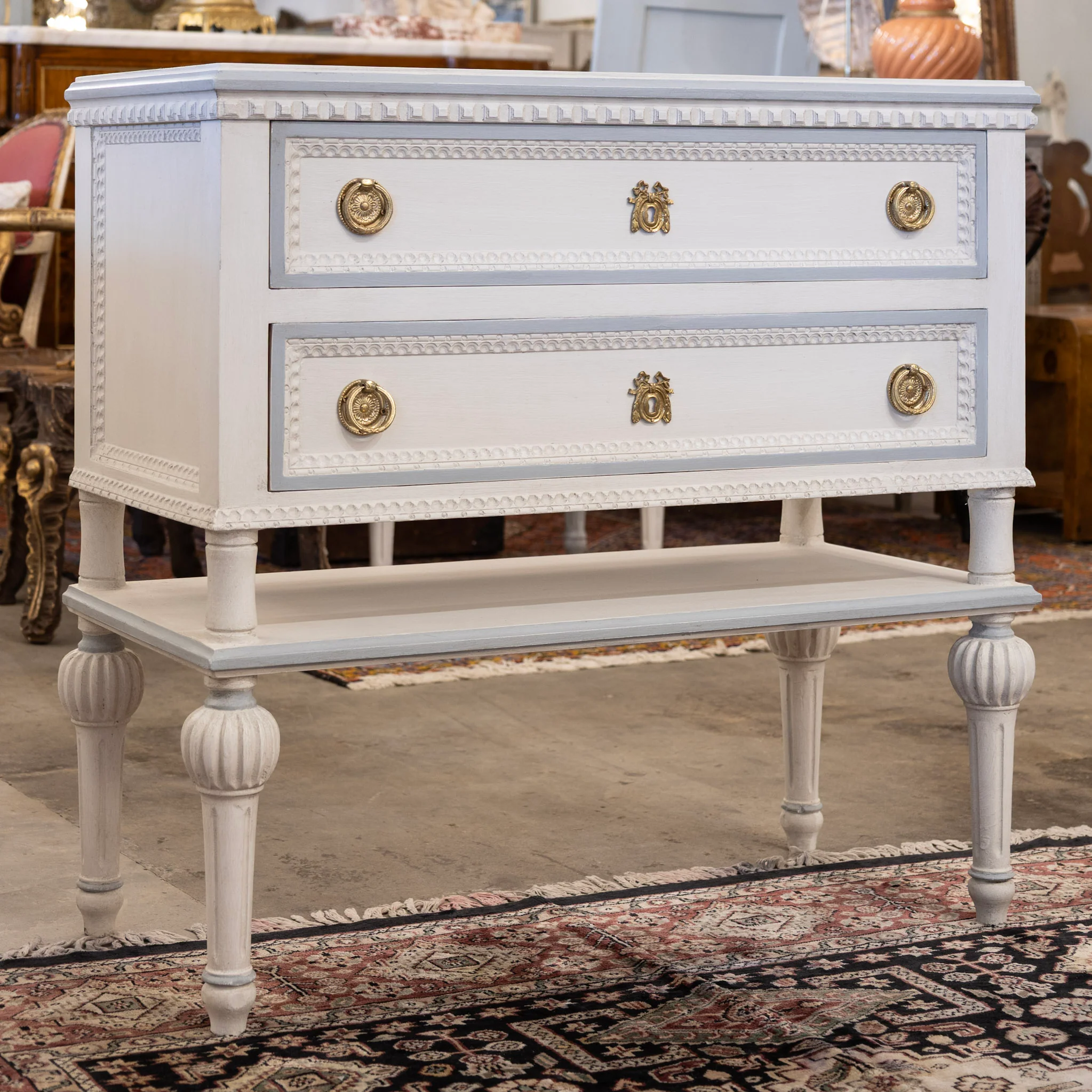 Swedish 2-Drawer Chest with Shelf– White with Blue Trim - Image 3