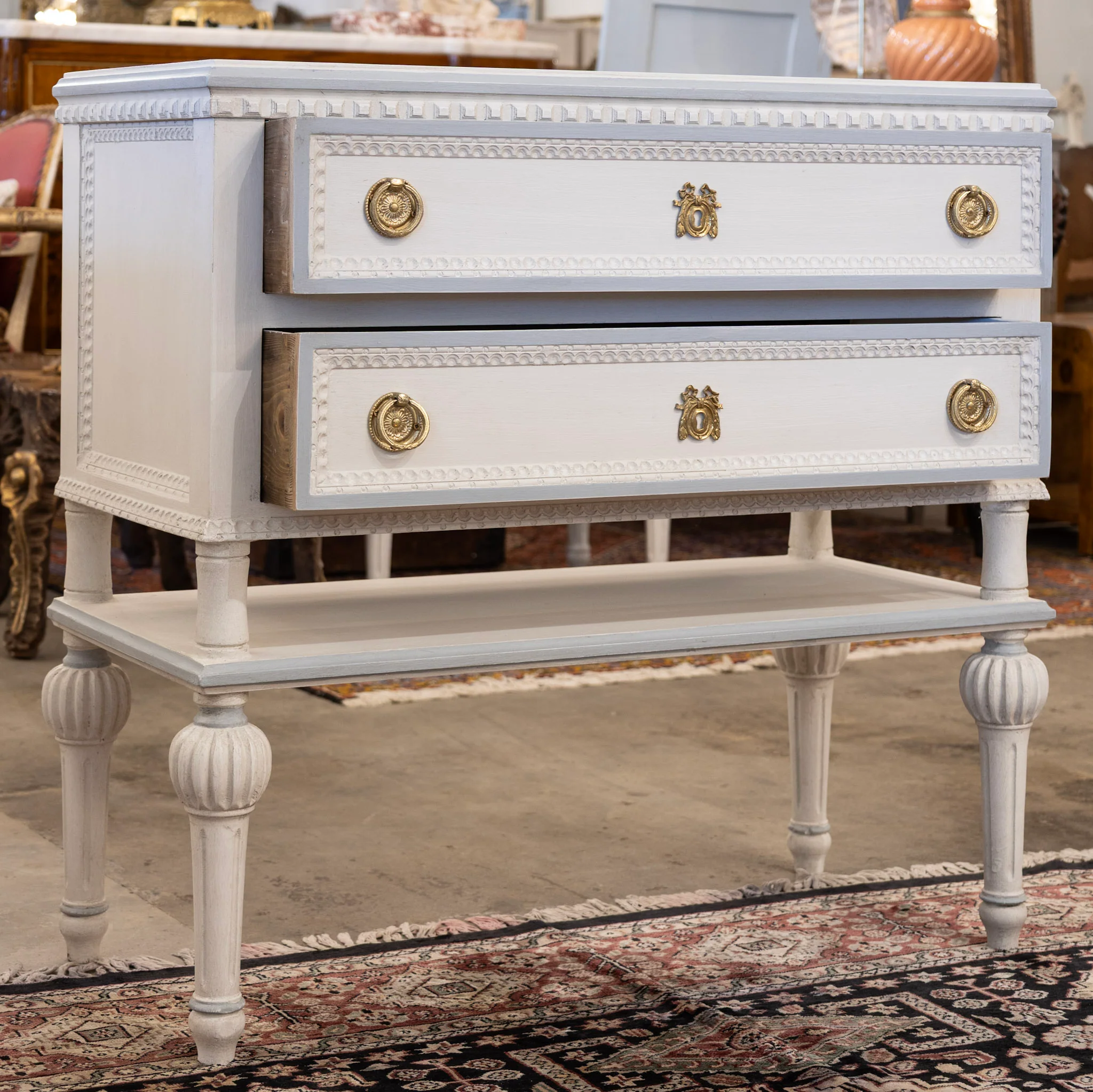 Swedish 2-Drawer Chest with Shelf– White with Blue Trim - Image 4