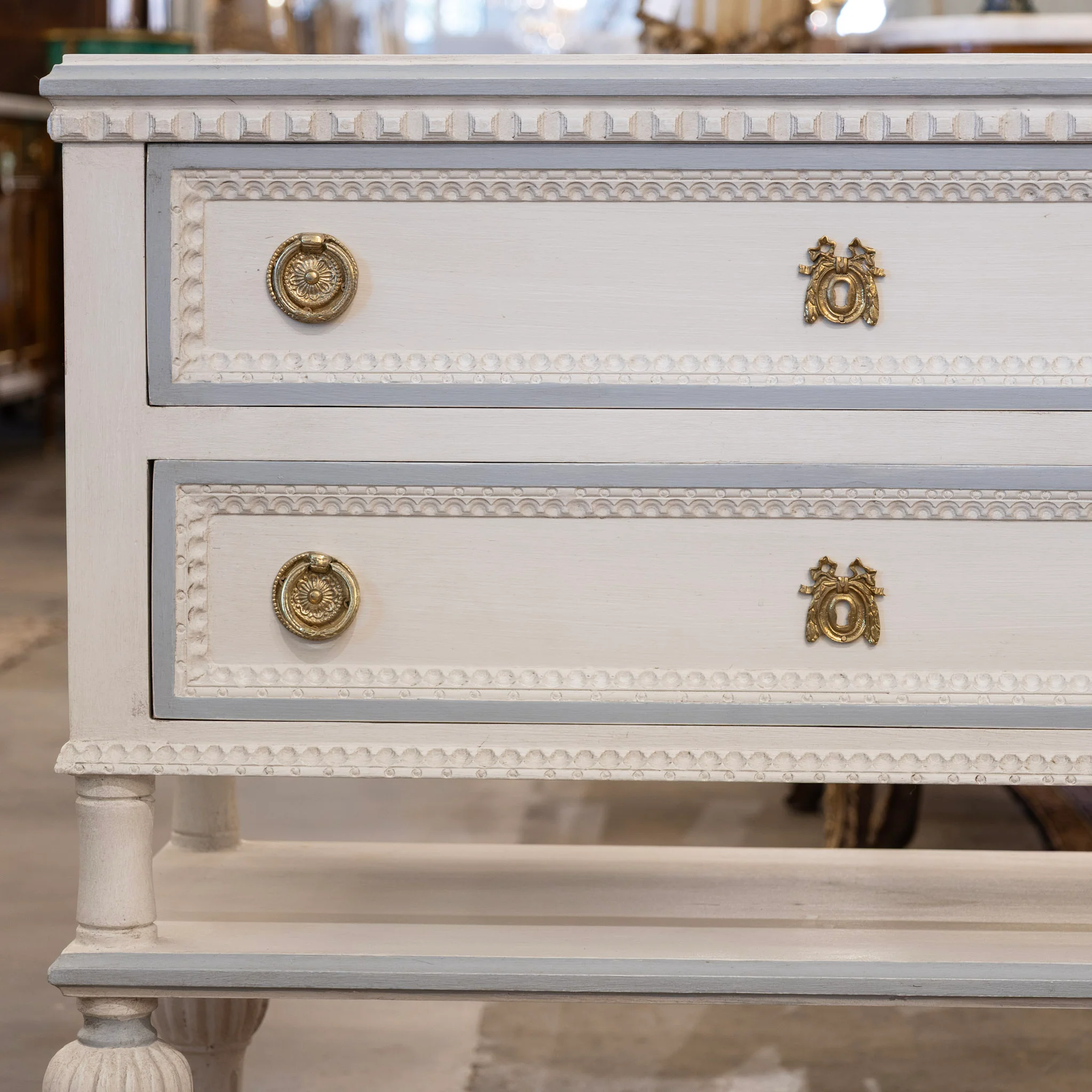 Swedish 2-Drawer Chest with Shelf– White with Blue Trim - Image 6