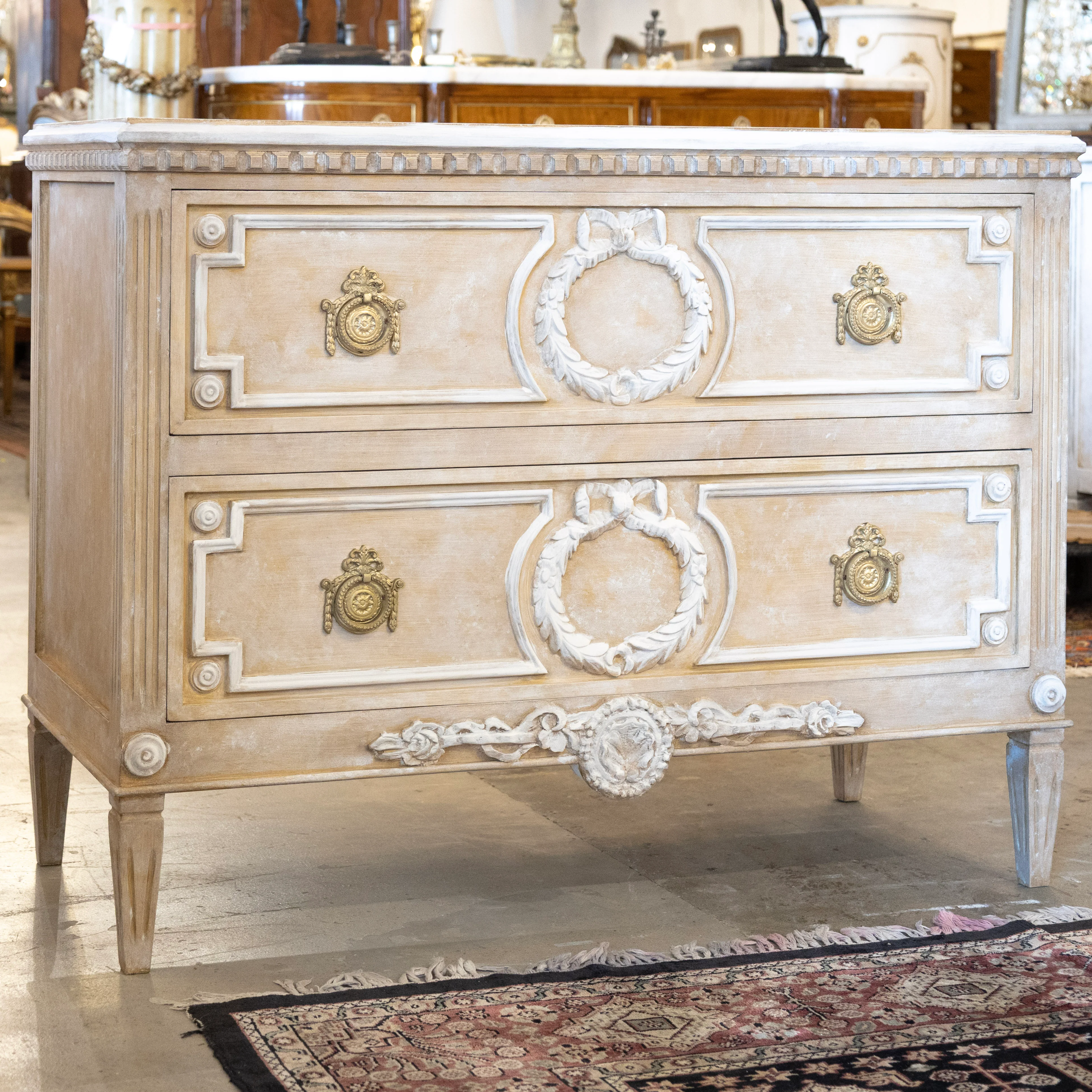 Swedish 2-Drawer Chest – Open Carved Drawer with Wreath Detailing and Distressed Apricot Finish