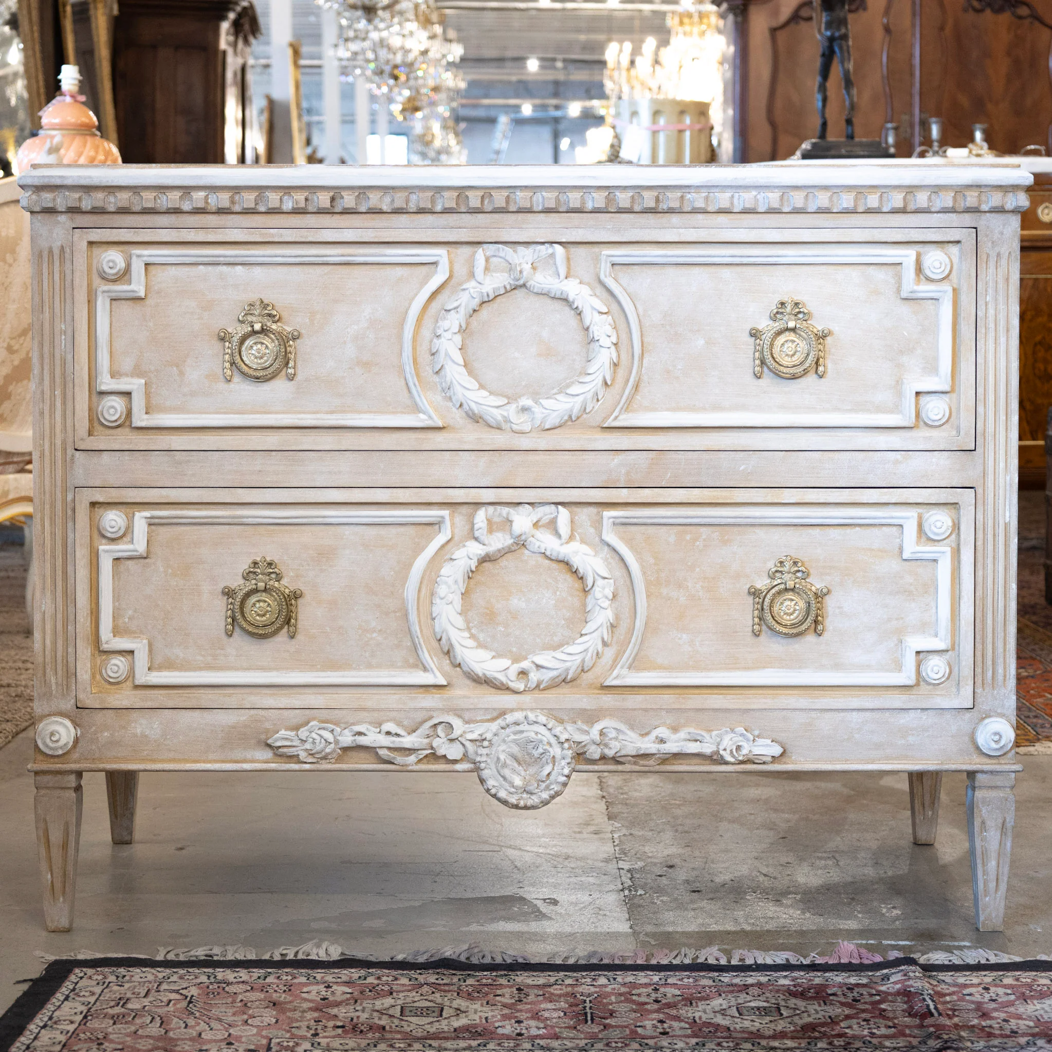 Swedish 2-Drawer Chest – Open Carved Drawer with Wreath Detailing and Distressed Apricot Finish - Image 2