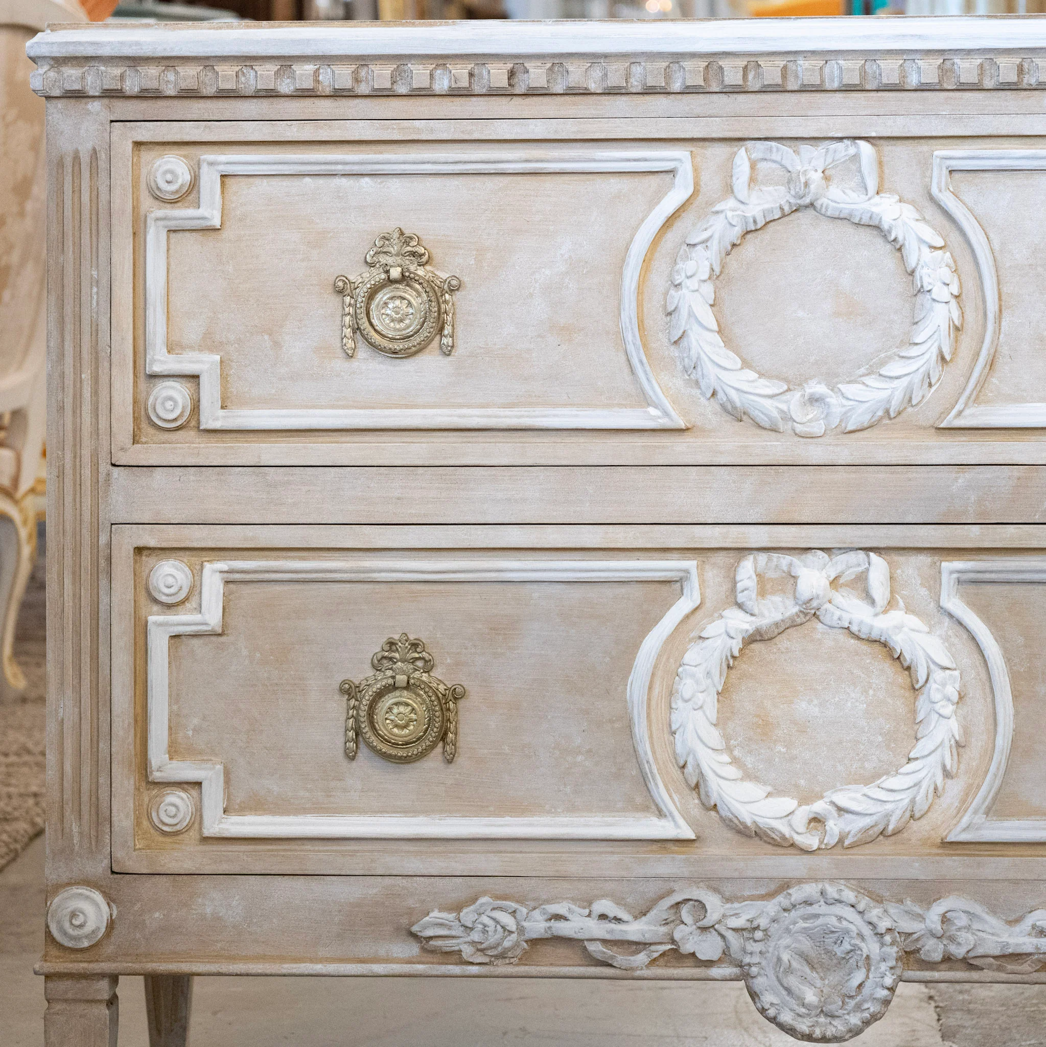 Swedish 2-Drawer Chest – Open Carved Drawer with Wreath Detailing and Distressed Apricot Finish - Image 3