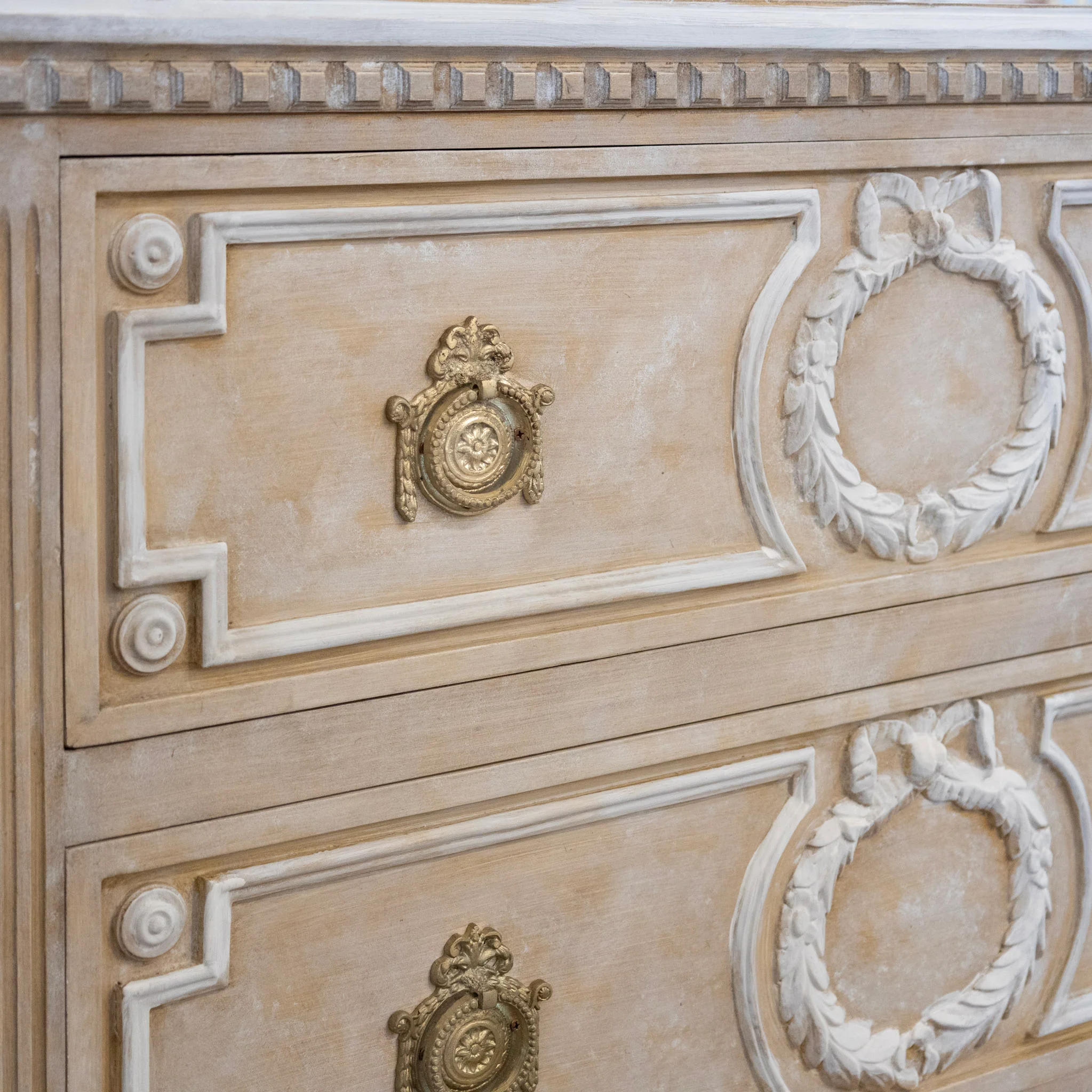 Swedish 2-Drawer Chest – Open Carved Drawer with Wreath Detailing and Distressed Apricot Finish - Image 4