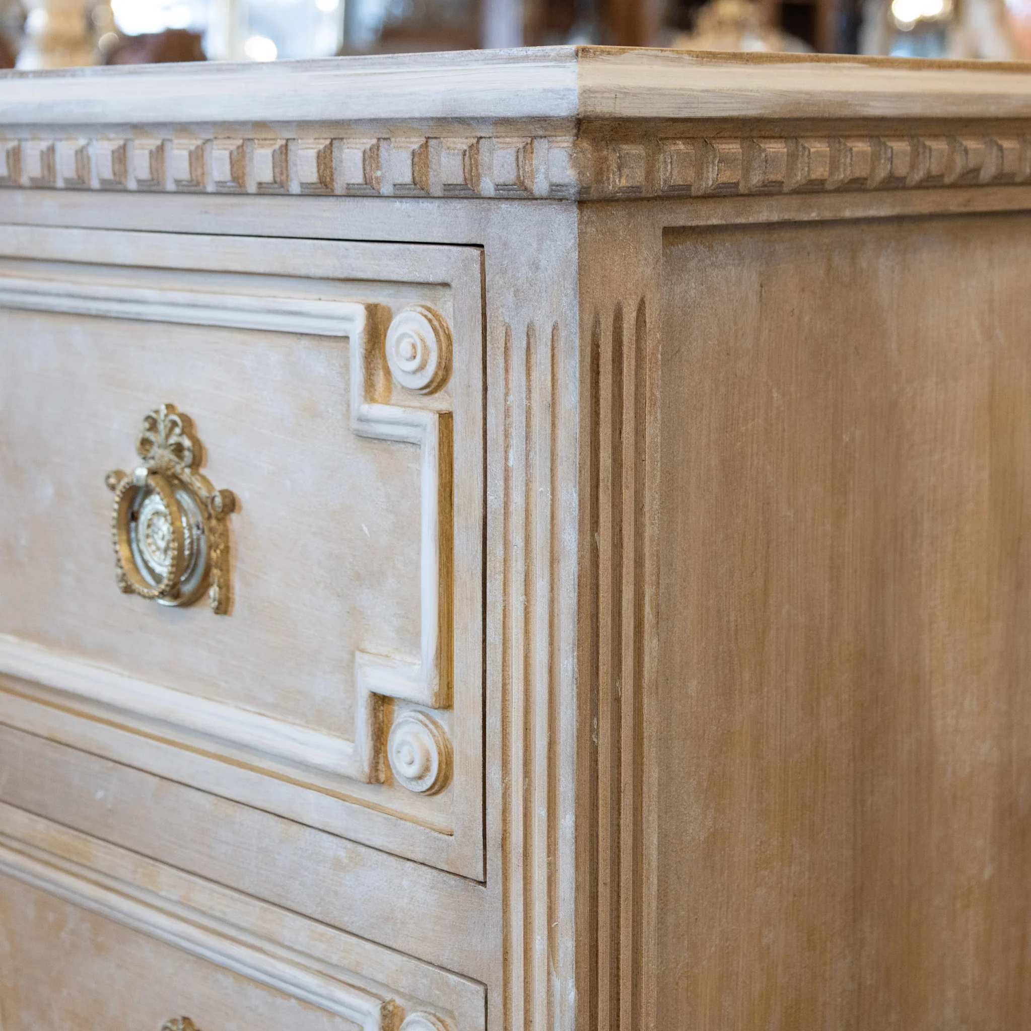 Swedish 2-Drawer Chest – Open Carved Drawer with Wreath Detailing and Distressed Apricot Finish - Image 5