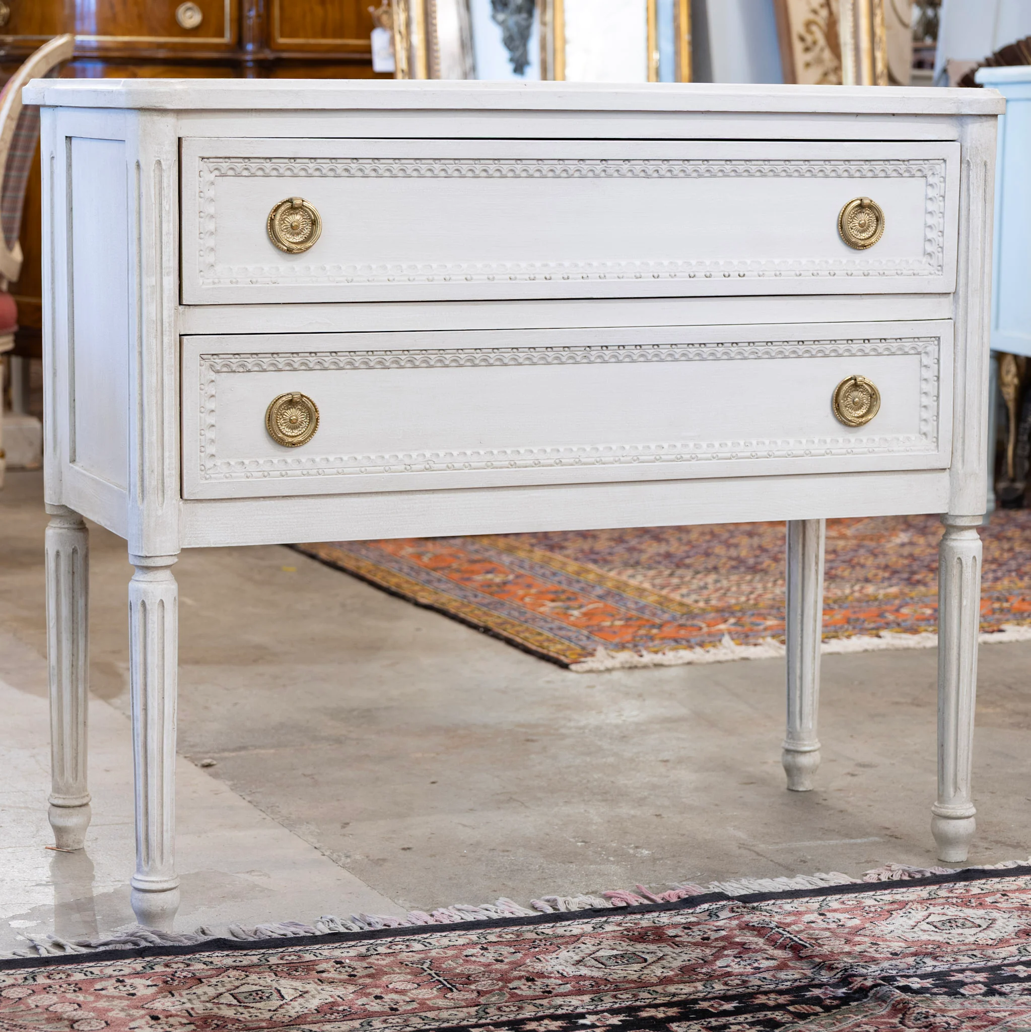 Swedish 2-Drawer Nightstand – Beaded Trim & Rounded Corners in Antique White