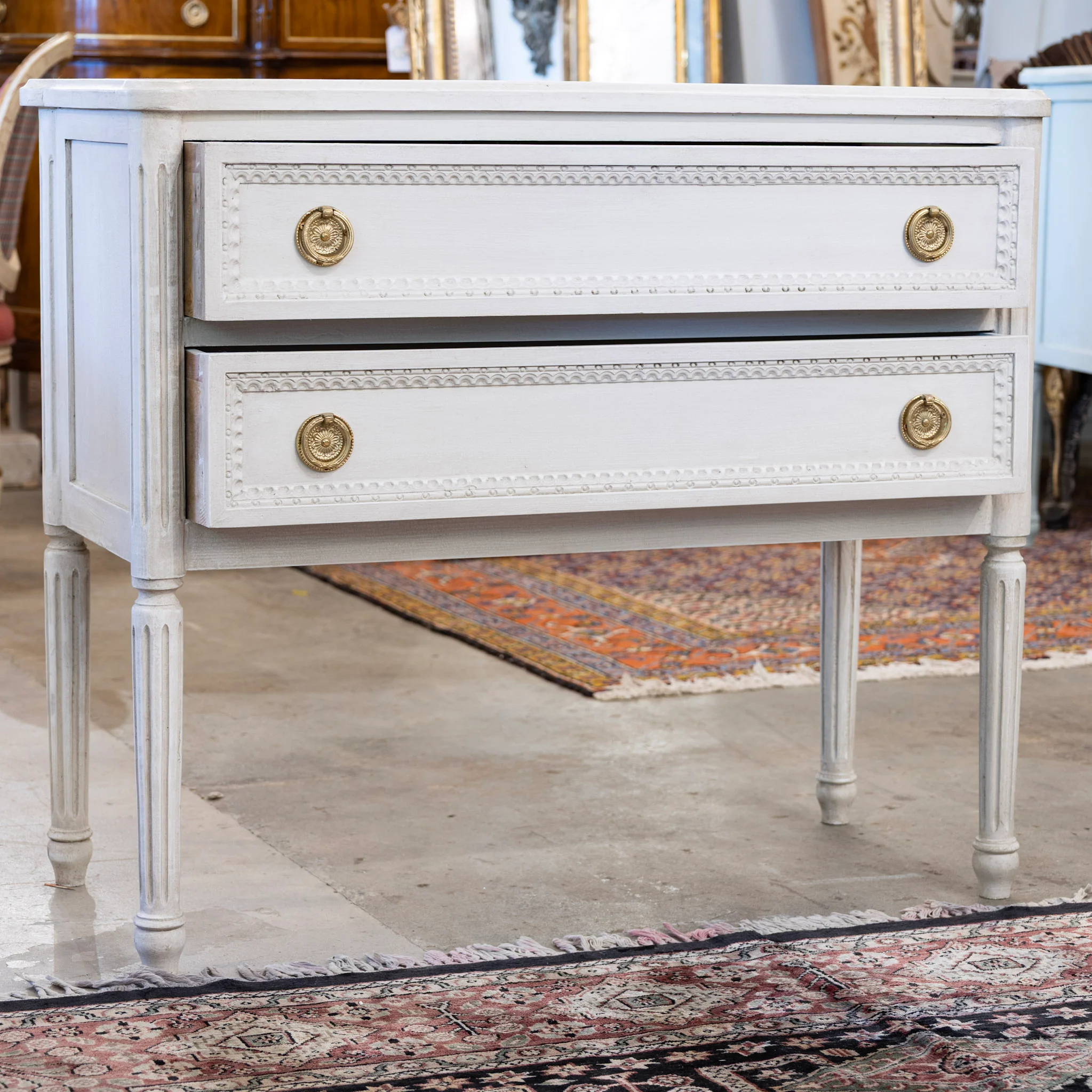 Swedish 2-Drawer Nightstand – Beaded Trim & Rounded Corners in Antique White - Image 2