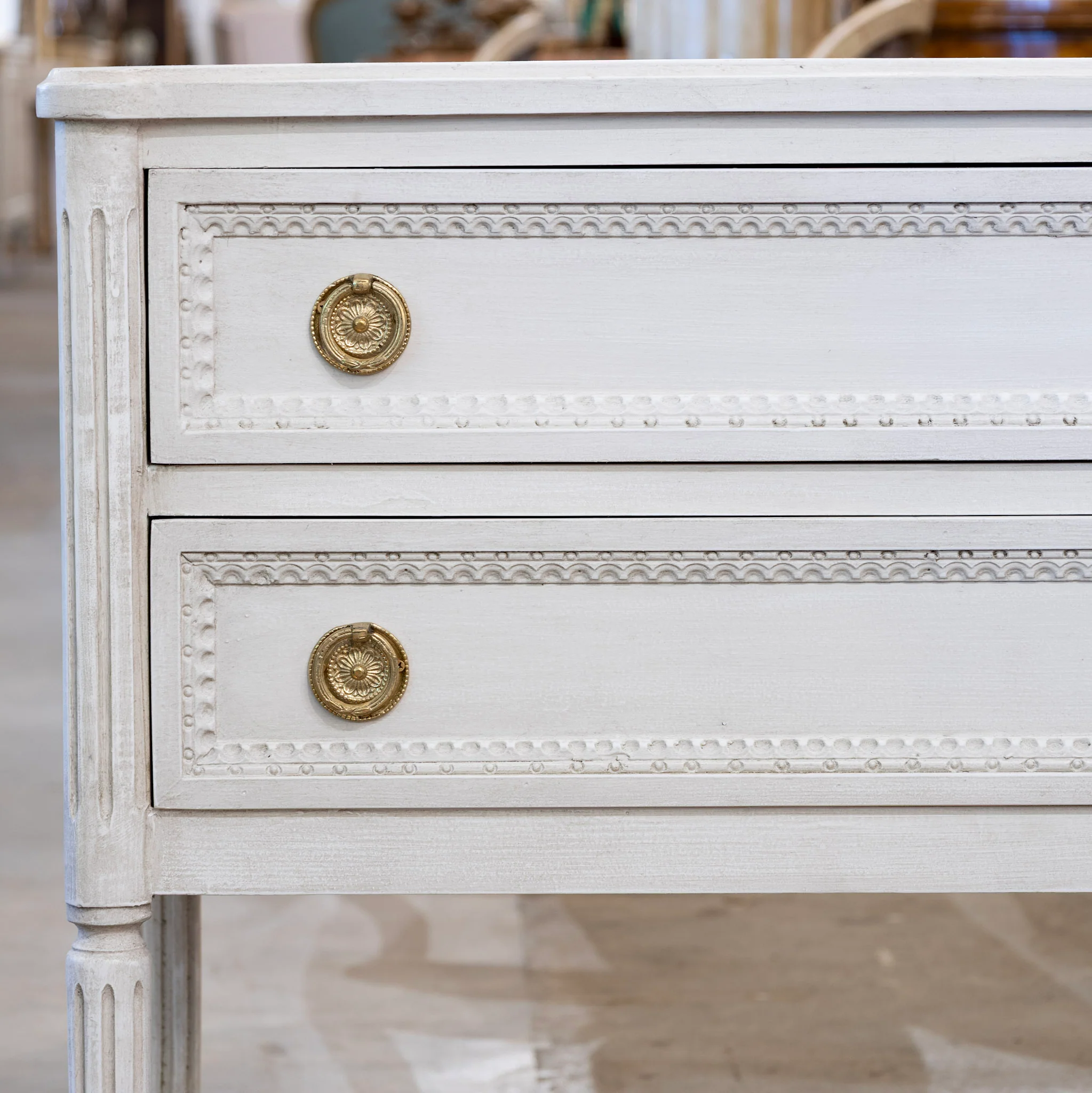 Swedish 2-Drawer Nightstand – Beaded Trim & Rounded Corners in Antique White - Image 5