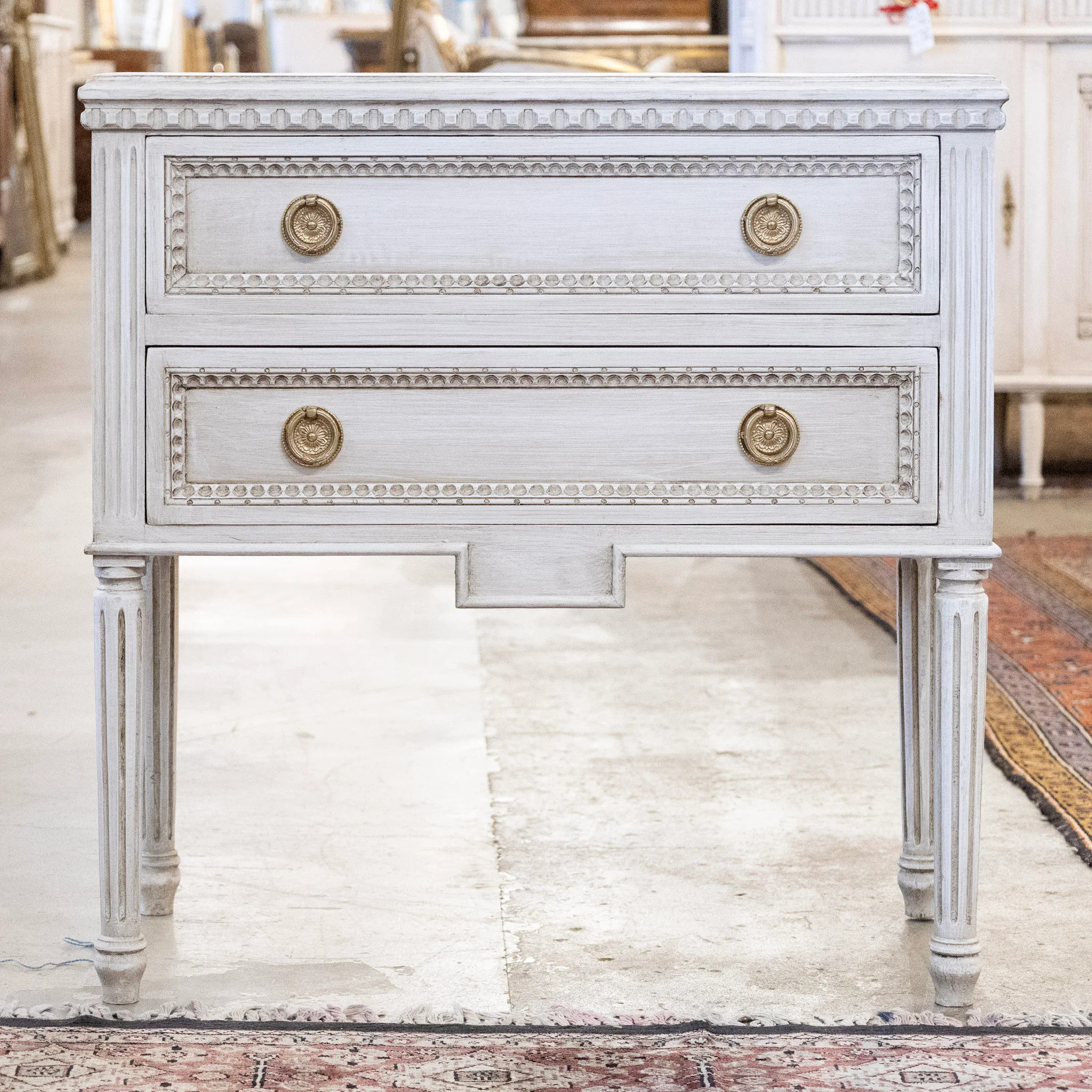 Swedish 2-Drawer Nightstand – Beaded Trim & Tall Legs in Antique White