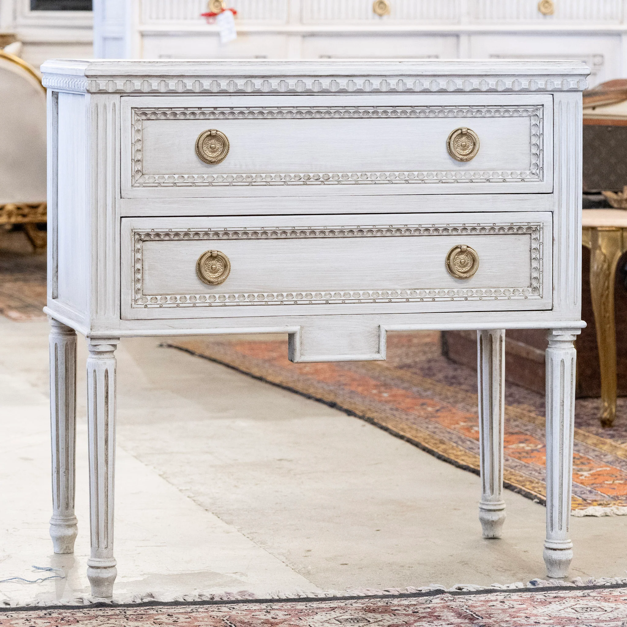 Swedish 2-Drawer Nightstand – Beaded Trim & Tall Legs in Antique White - Image 2