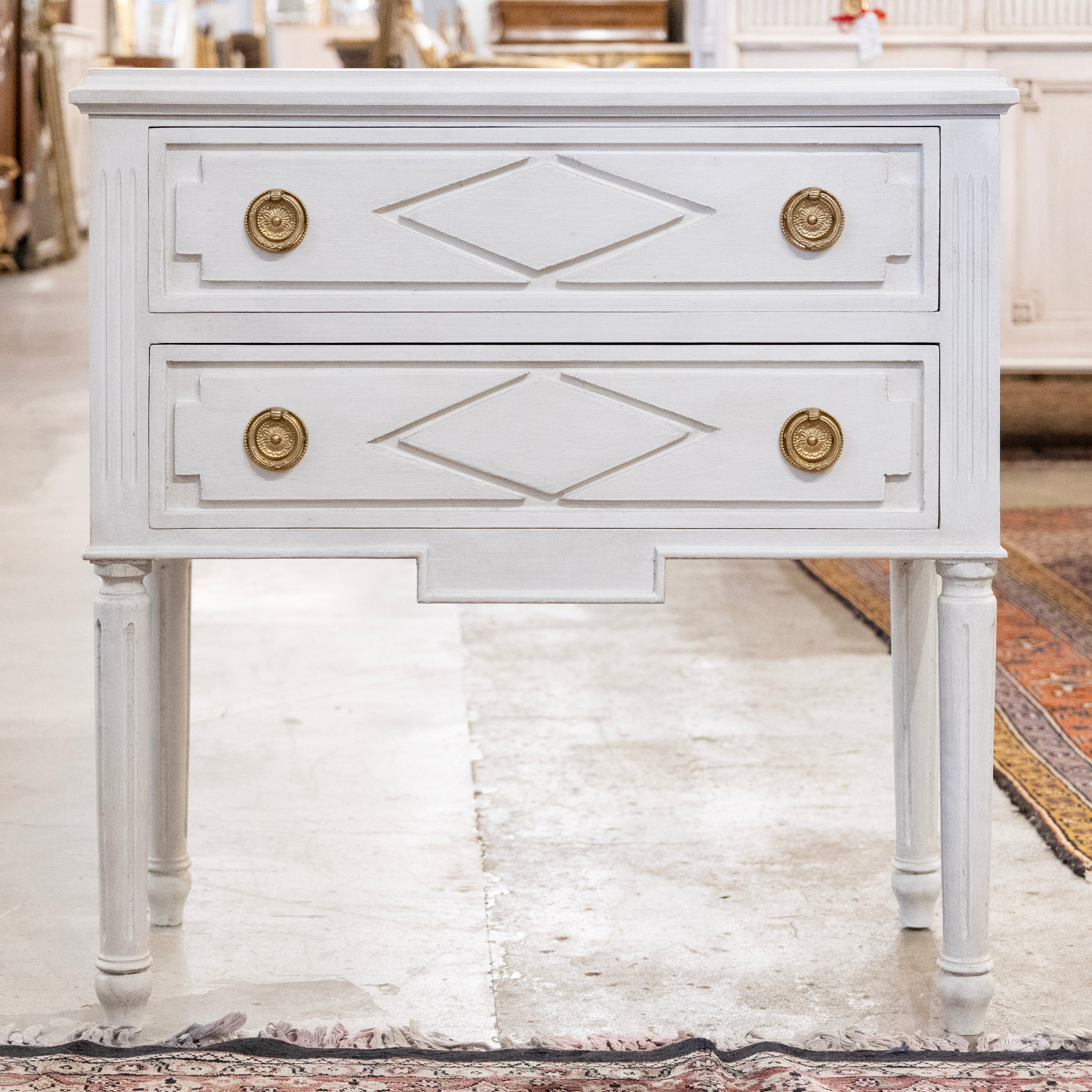 Swedish 2-Drawer Nightstand – Diamond Carvings & Tall Legs in White