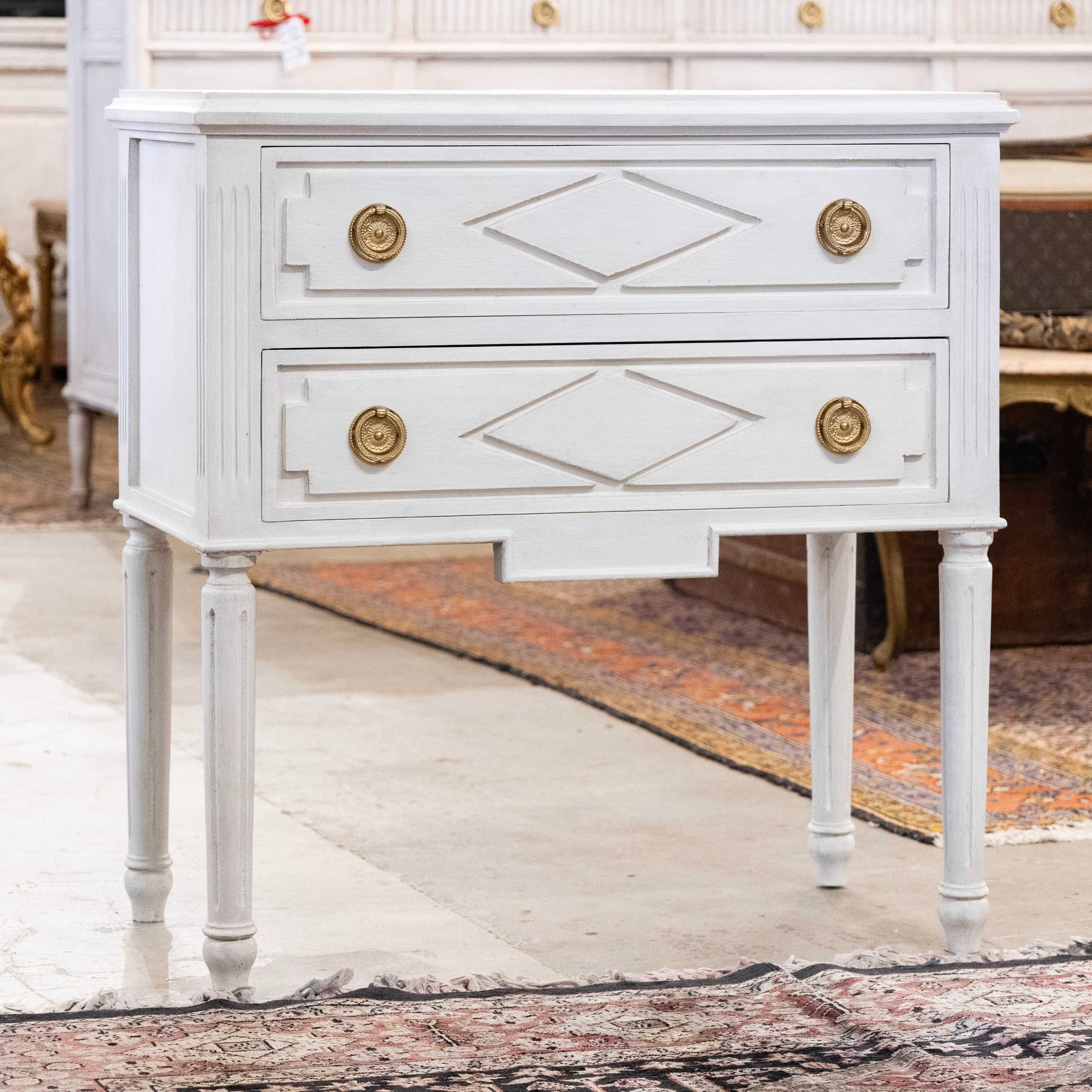 Swedish 2-Drawer Nightstand – Diamond Carvings & Tall Legs in White - Image 2