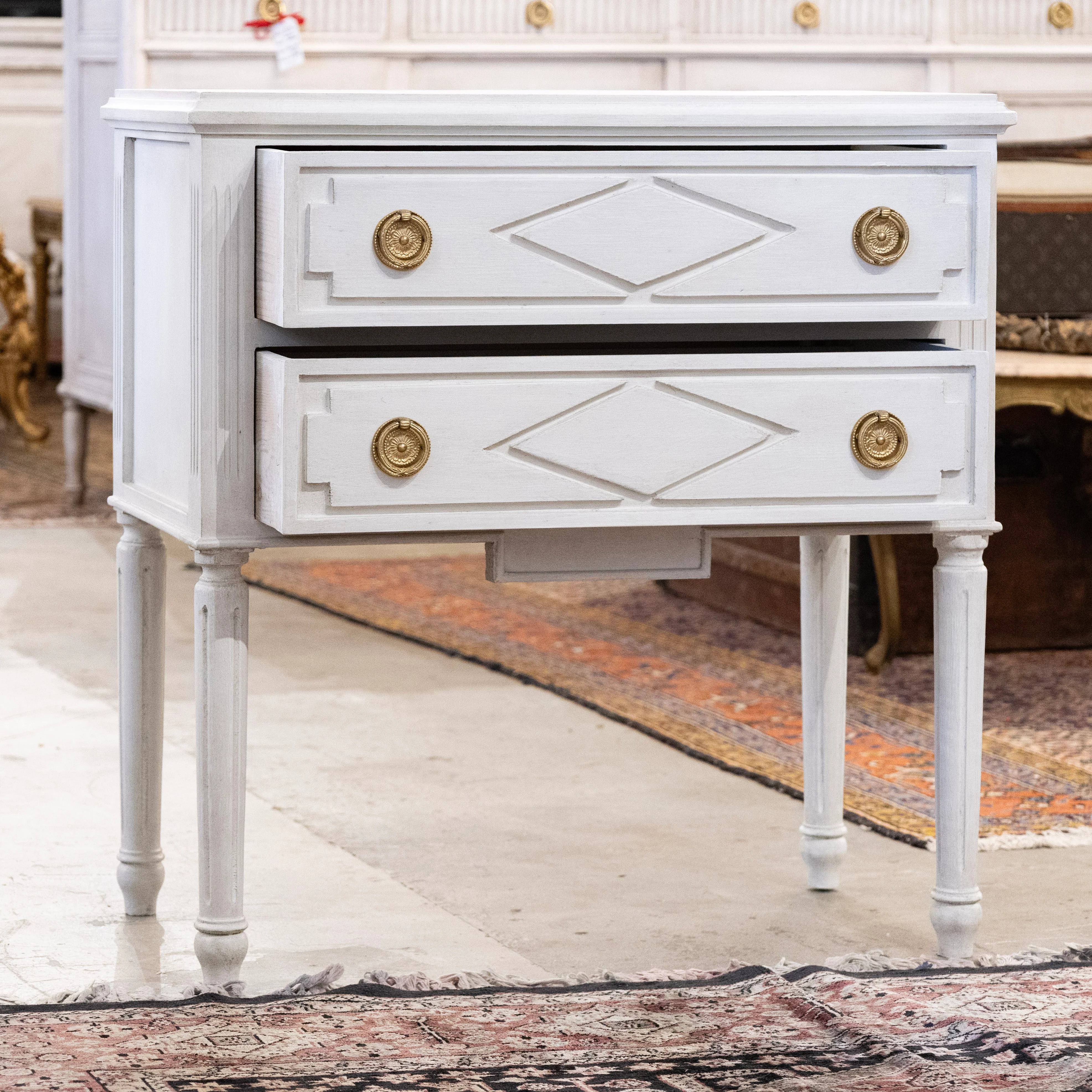 Swedish 2-Drawer Nightstand – Diamond Carvings & Tall Legs in White - Image 3