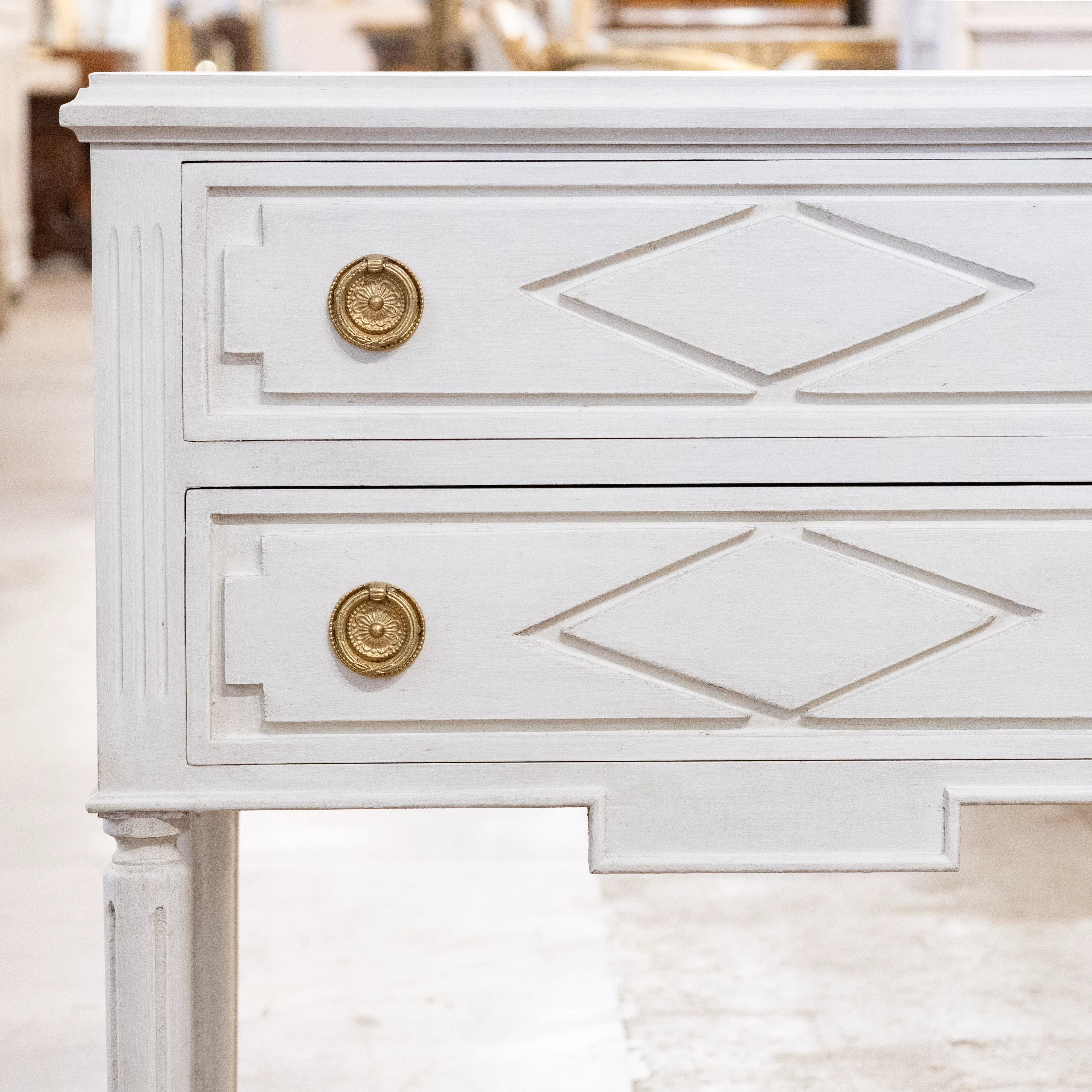 Swedish 2-Drawer Nightstand – Diamond Carvings & Tall Legs in White - Image 4