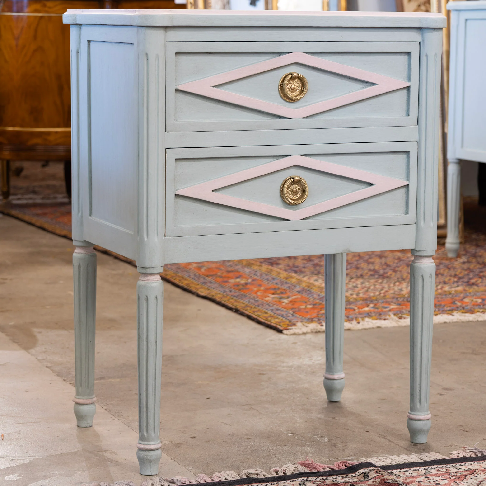 Swedish 2-Drawer Nightstand – Painted Green Finish with Pink Diamond Trim - Image 2