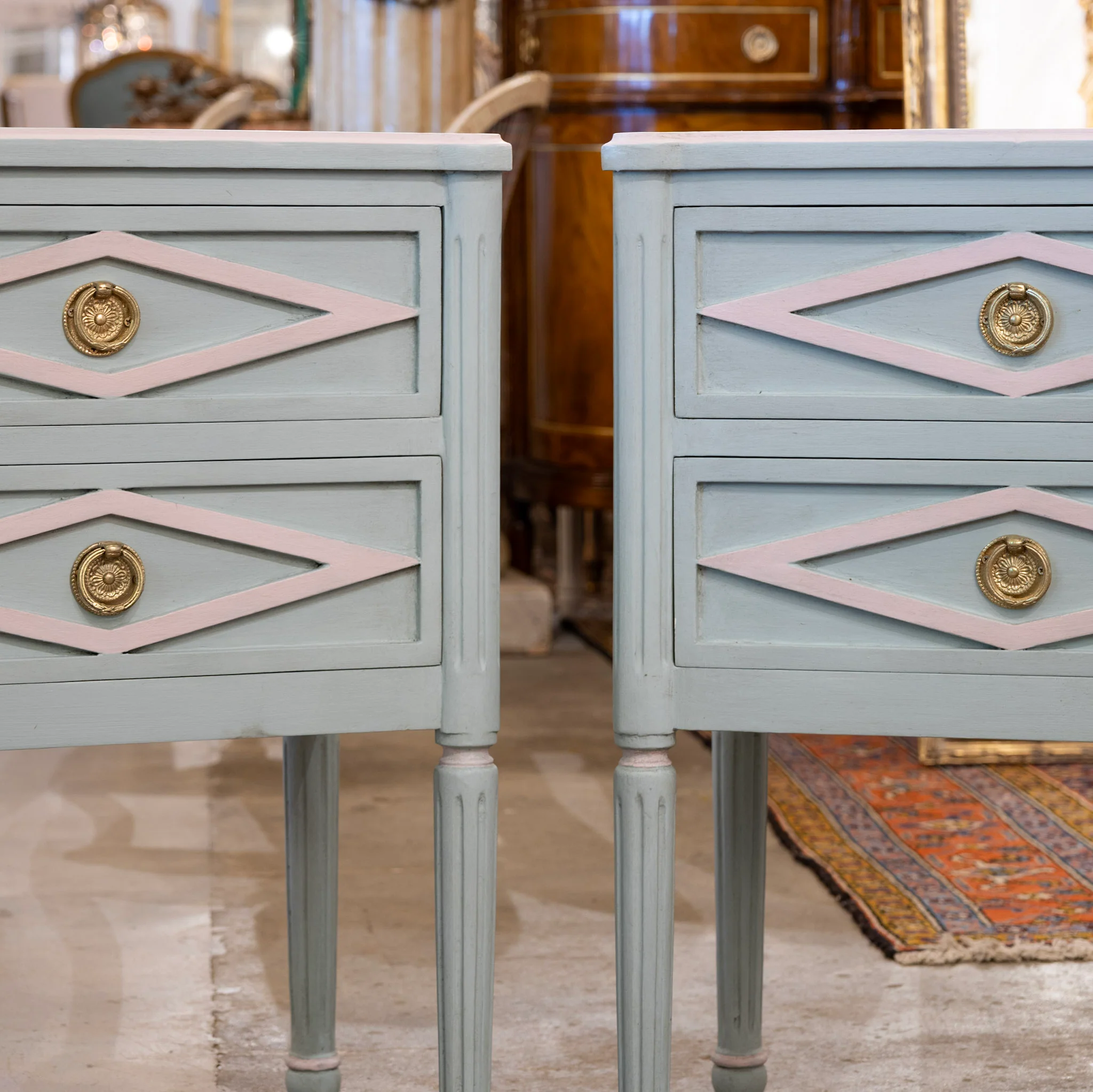 Swedish 2-Drawer Nightstand – Painted Green Finish with Pink Diamond Trim - Image 6