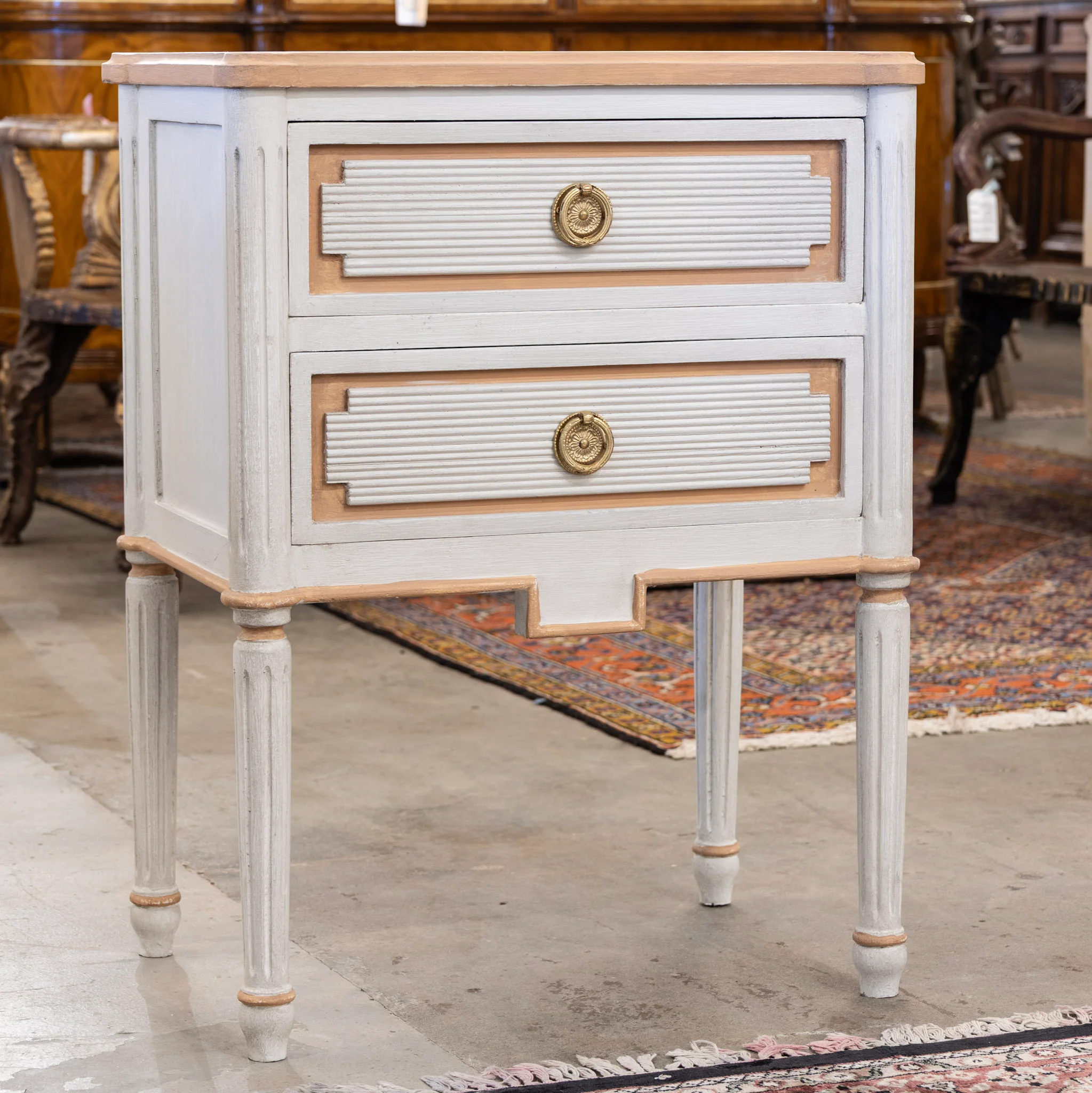 Swedish 2-Drawer Nightstand – Reeded Carved Block With Peach Trim - Image 2