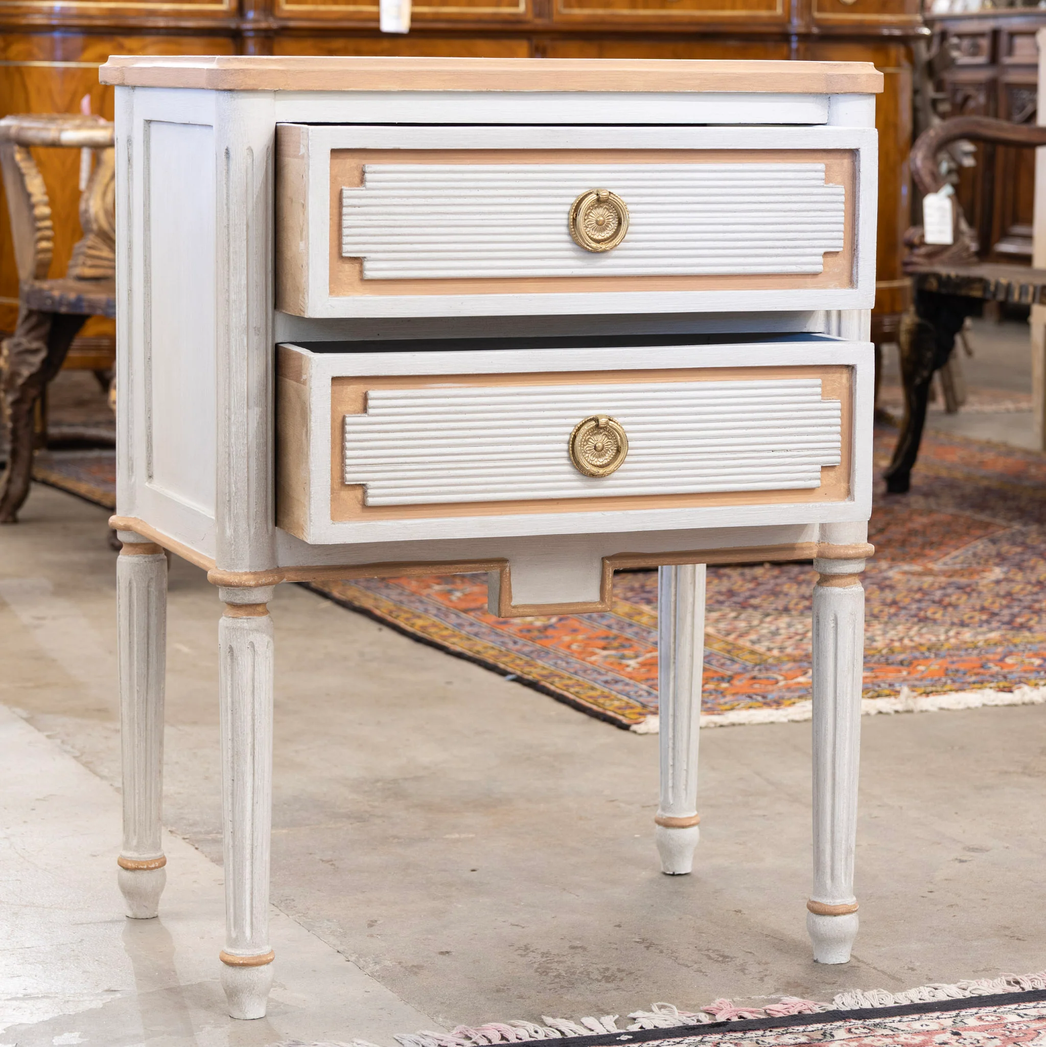 Swedish 2-Drawer Nightstand – Reeded Carved Block With Peach Trim - Image 3